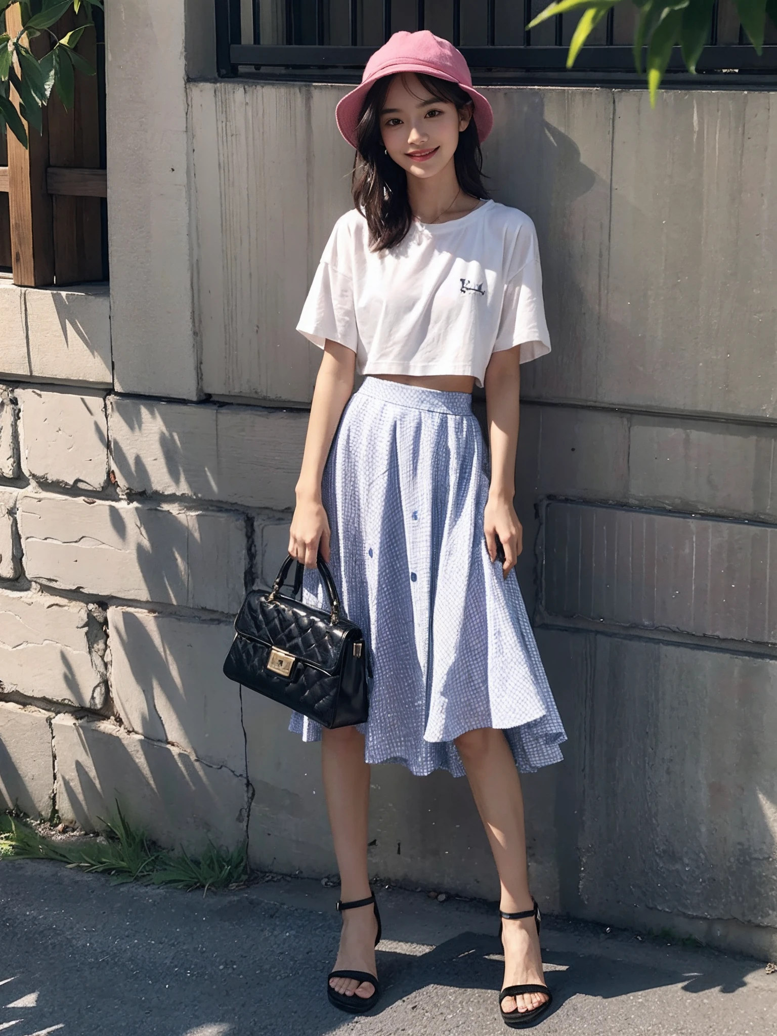 ((smallunderboob,Tomboyish,small heads)), (Well-defined abs: 1.1), (perfect bodies: 1.1), (short-length straighthair: 1.2), Black hair, upper body photos, attractive collarbone，（极其细致的CG 8k壁纸），（Extremely refined and beautiful），（Masterpiece），（best qualtiy：1.0），（超高分辨率：1.0），beautiful light up，Perfect lightning，realistic shaded，[A high resolution]，Smooth and flawless fair skin，ultra - detailed ，Elongated legs，flatchest，Slim，emaciated，Smile，cheerfulness，（Pink  hat：1.2），Black short-sleeved T-shirt，（Blue checkered pattern summer long skirt：1.5），White sandals，Summer，eventide，Many people，at the doorstep of a school，Outside the walls，standing，outside，Tree-lined roadsides，a Cup of coffee in hand