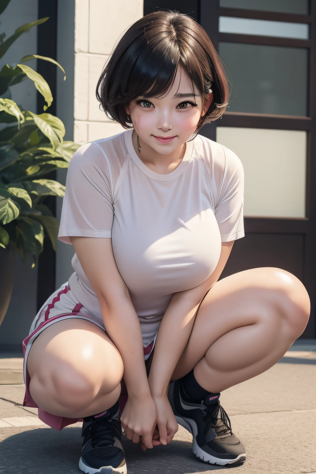 a beauty girl、Erotic、the face is round、bbw、cute little、(((embarrassed from)))thighs thighs thighs thighs、((full of sweat))、Staring at this、full body Esbian、A smile、open the legs widely、crouching down、short-cut