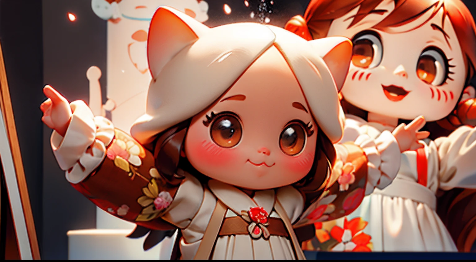 photoRealstic、Doll standing in front of the painting、laugh face、Water droplets on the cheeks、Selfie Pose、spreading arms widely、Sengai、pixiv、rokoko、dollfie dream、watercolor Nendoroid、(High Definition Figure)、flowing sakura-colored silk、nendroid、bustup、Snow petals、season!!: 冬☀ 🍂 椿