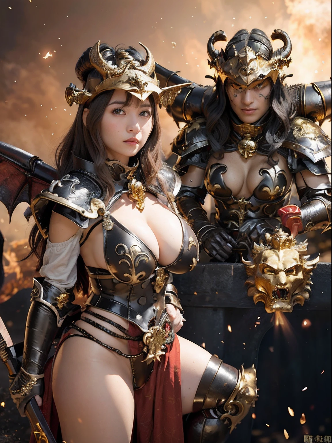 Professional , masterpiece、top-quality、photos realistic , depth of fields 、(Dragon Black Metal Body:1.9),(Mattretto、(cleavage of the breast)、Dragon Gold Weapon、(Micro Bikini Armor:1.4),Gorgeous gold weapons ,Particles of light、Particles of light、(( Dragon's dense and gorgeous sword)) , (demonic wings)、((a blond))、(Castle background)、Fight dragons、intense fighting、((Gangle's forest background))、Take intense poses、Beautiful Caucasian beauty、1a person、dynamic ungle,(((Detailed and ornate dragon helmet)))、Smaller head、A smile、Castle background、Thin and beautiful female hands、cleavage of the breast、Soldier in iron armor on background、Mystical expression、Light Effects、intense fighting、Wind-effect、magic circles、With the legendary magic wand、Dragon's tail、explosions、