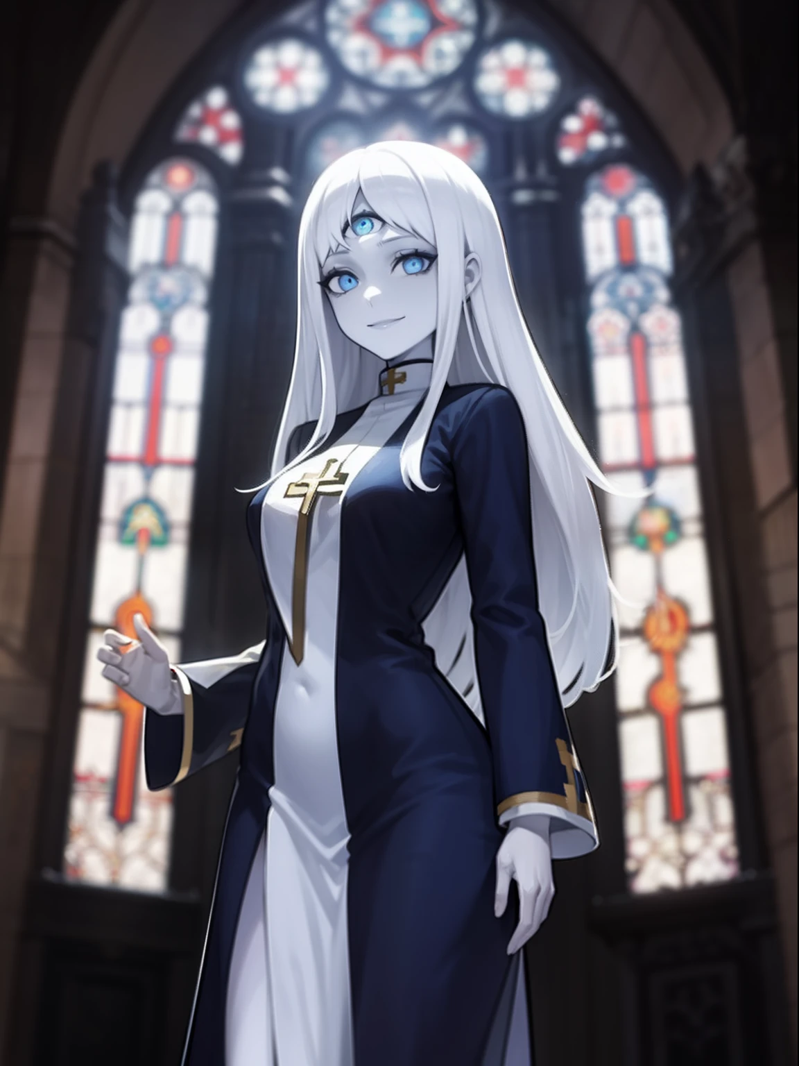 1girl,solo,blue eyes,demonic third eye,white hairs,long hairs, breasts ,pale skin, priest,smile, church