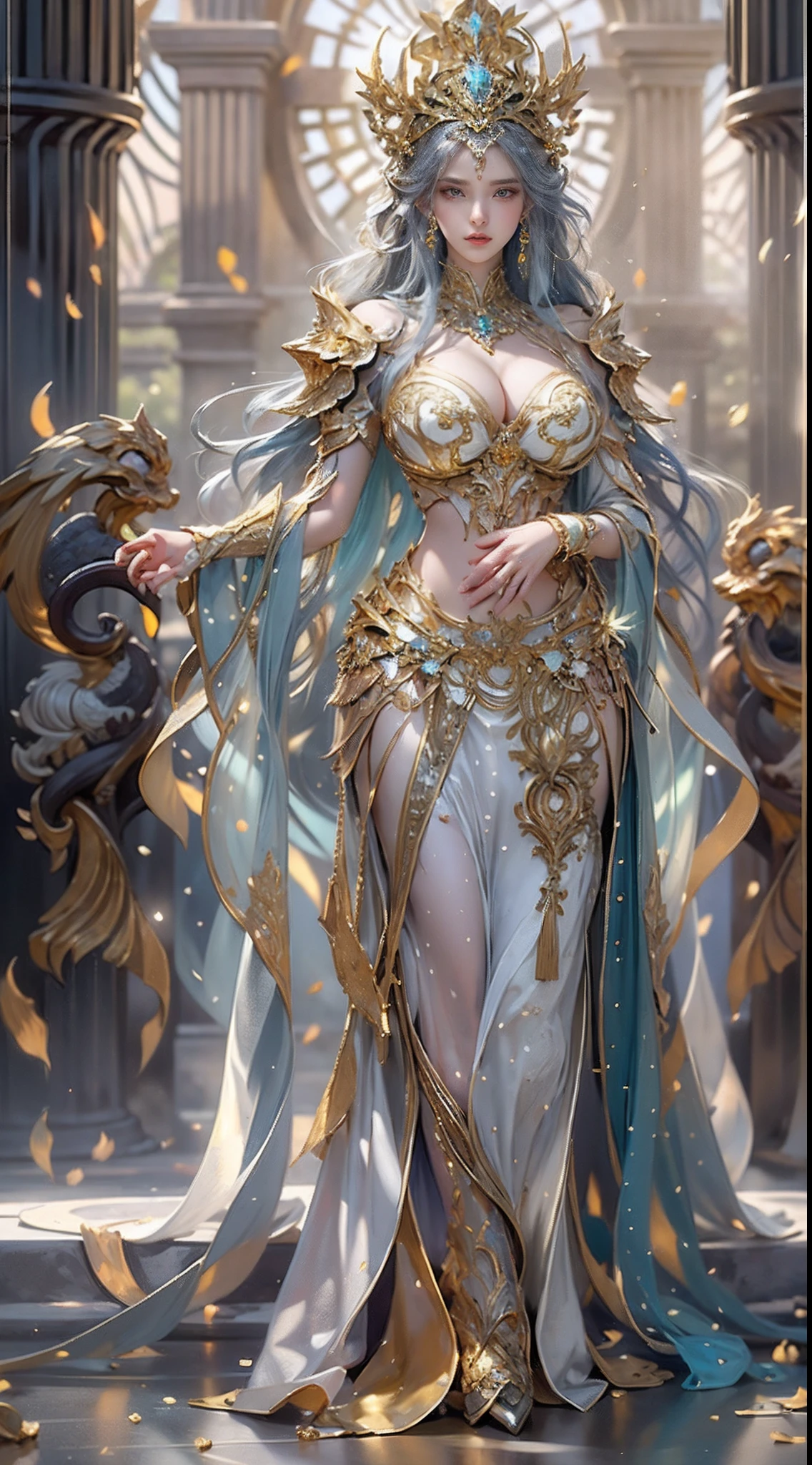 Woman in a golden transparent dress,view the viewer,(((Huge breasts, Large cleavage))),Slim waist,(navel baring,Bare waist), Long hair, Ultra-detailed details,High-end Zhenyi station, Rainstorm site, detailed fantasy art, Stunning character art, Beautiful and exquisite character art, Beautiful gold and silver armor, Extremely detailed, Girl in shiny armor, Exquisite tiaras and jewelry,Crystal jewelry filigree, milky ways, Stunning visuals, (dynamic streaks, light tracks:1.2), Vibrant colors,