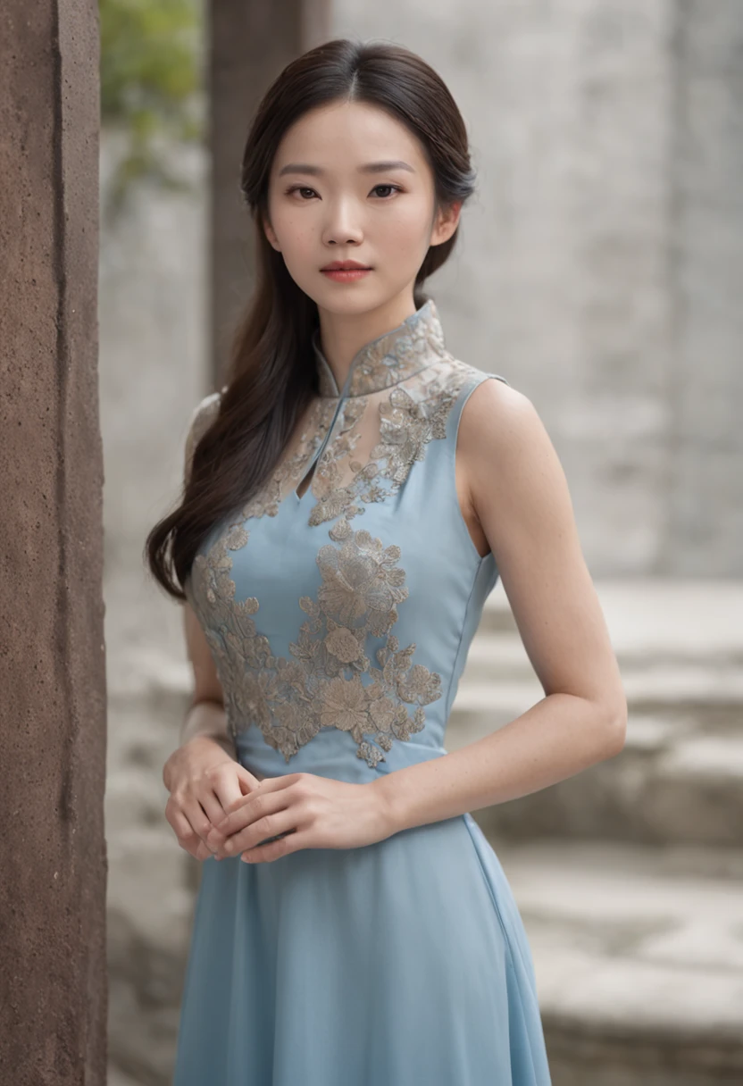 A Chinese woman between the ages of 40 and 45,Black-brown hair,Delicate and detailed facial features,Precise and detailed anatomy of the human body,Indoors,She wears a long blue dress,Manners are elegant and dignified,Look temperamental,Younger,There is a charm,The scene is real,The characters are real,Photo texture,Left handbag,Fairer skin,The right hand naturally droops