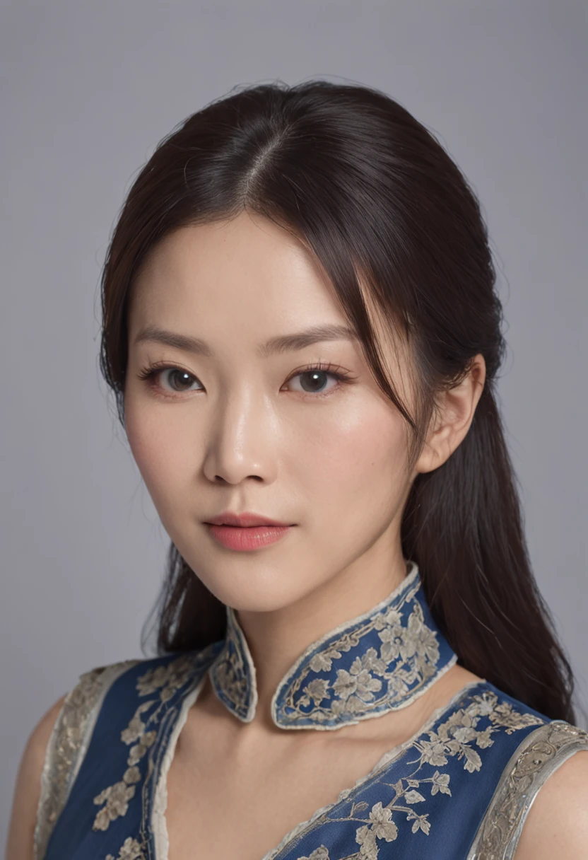 A Chinese woman between the ages of 40 and 45，Black-brown hair，Delicate and detailed facial features，Precise and detailed anatomy of the human body，Indoors，She wears a long blue dress，Manners are elegant and dignified，Look temperamental，Younger，There is a charm，The scene is real，The characters are real，Photo texture，Left handbag，Fairer skin，The right hand naturally droops