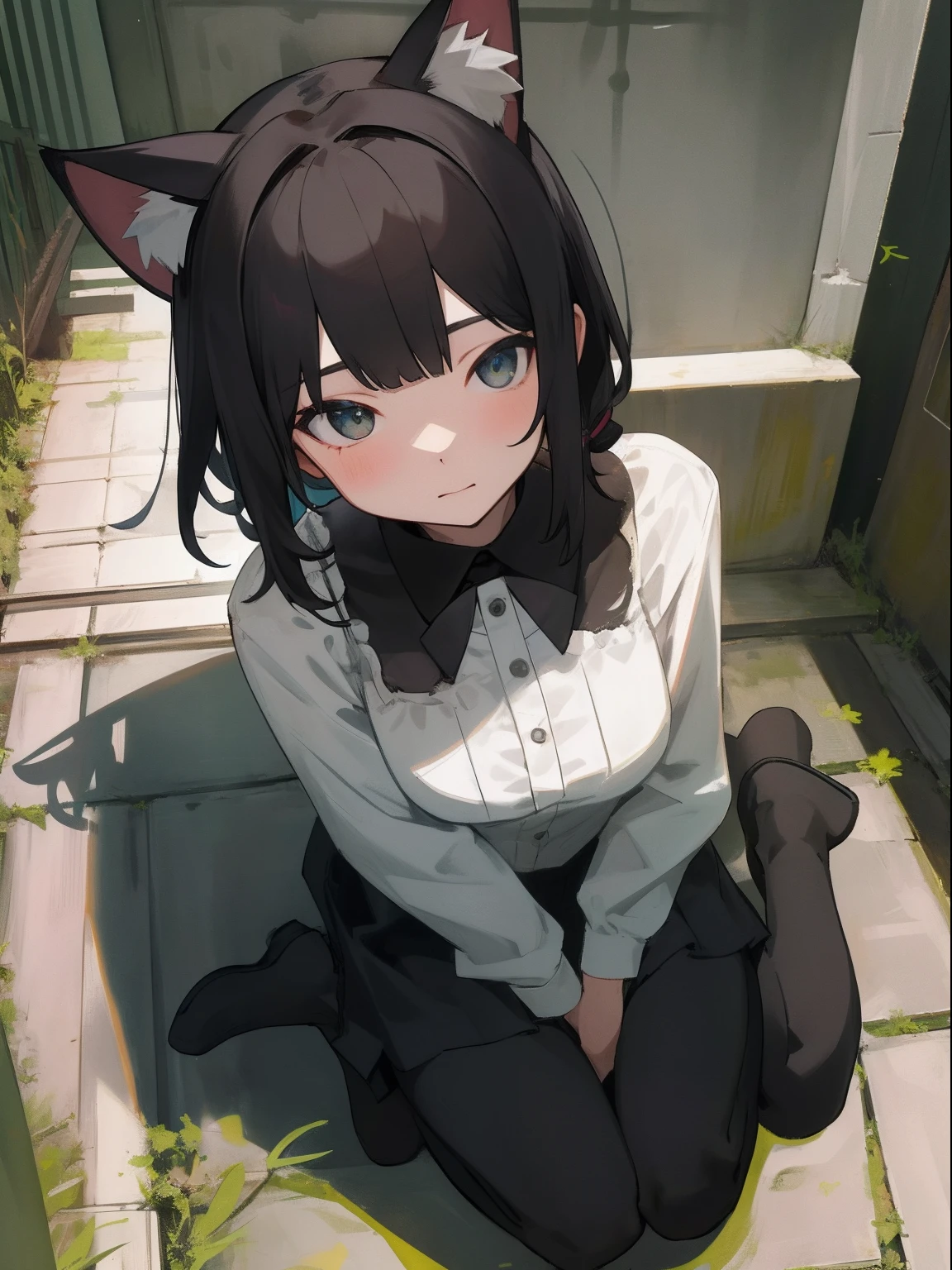 masterpiece, top-quality, 1girl in, The upper part of the body, sitting on, shorth hair, , A dark-haired, Cat's ears、Black attire, frilld,Back alley、Angle from above