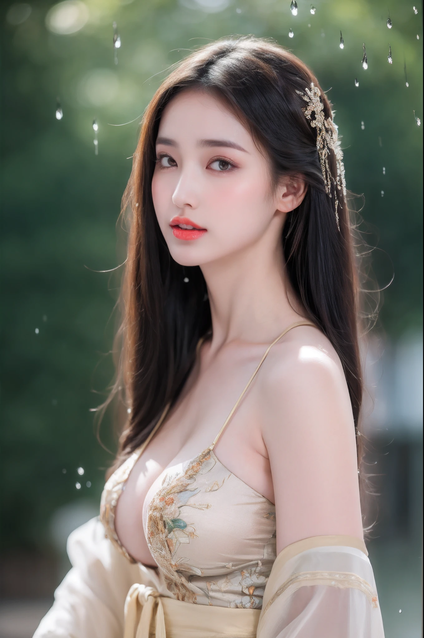 ((Best Quality, 8k, Masterpiece: 1.3)), Focus: 1.2, Perfect Body Beauty: 1.4, : 1.2, ((Layered Haircut)), (Wet Clothes: 1.1), (Rain, Street:1.3), (: 1.2), (Hanfu: 1.2), Shoulders, Legs, Highly Detailed Face and Skin Texture, Fine Eyes, Double Eyelids, Whitened Skin, Long Hair, (Shut Up: 1.5), (Bokeh Background: 1.5),