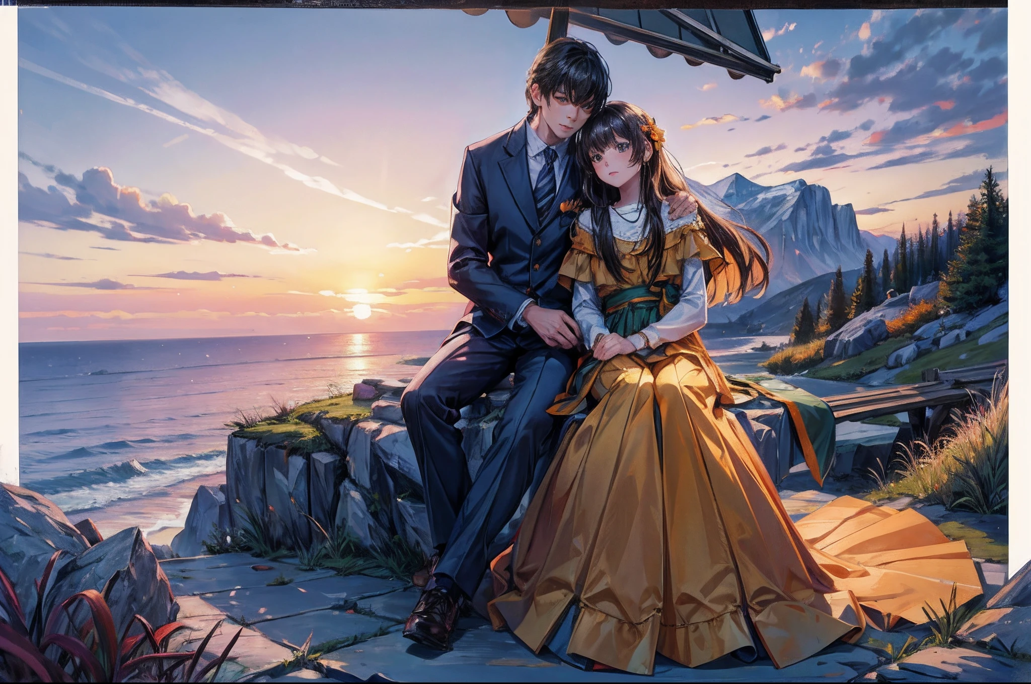 RAW photo, best, masterpiece, best quality, high quality, extremely detailed, professional photography of a man and a woman sitting on a cliff watching the sunset, ((sunset: 1.5)), //colors oranges in the sky: 1.4)), the atmosphere is calm, very detailed, high quality, award-winning image, very realistic image, hyper-realistic, ultra-realistic