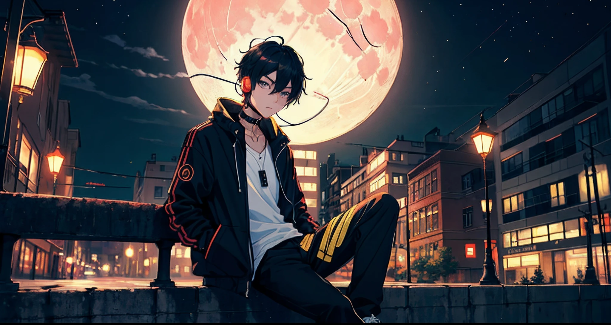 masterpiece, best quality,1boy,  eye focus,,beautiful eyes,looking at viewer, expressionless, open jacket, white shirt,sitting, cityscape, night, big moon,lamppost, street wear,headphones, black choker, necklace,