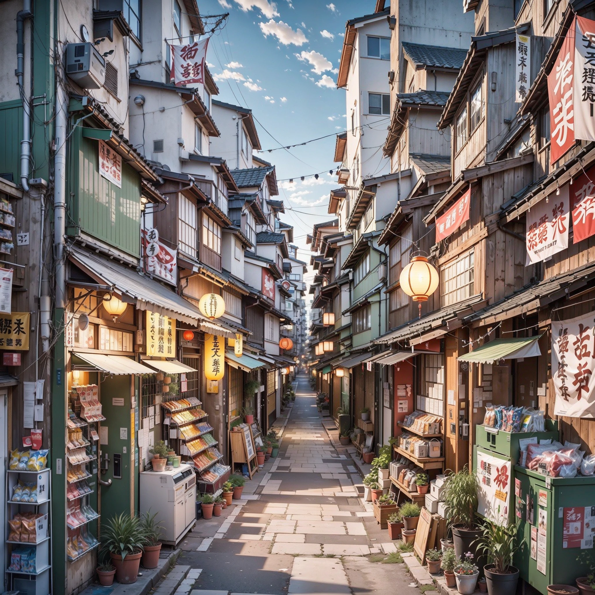narrow modern Japanese street. compact, modern apartment buildings cramped together. vending machines, trash cans, plant pots, drains, air vents, gutters, pipes, wires, big Japanese shop signs, retro Japanese shop banners. lanterns. plant pots. rocks. sunrise. empty street, (no one: 1). anime, anime style