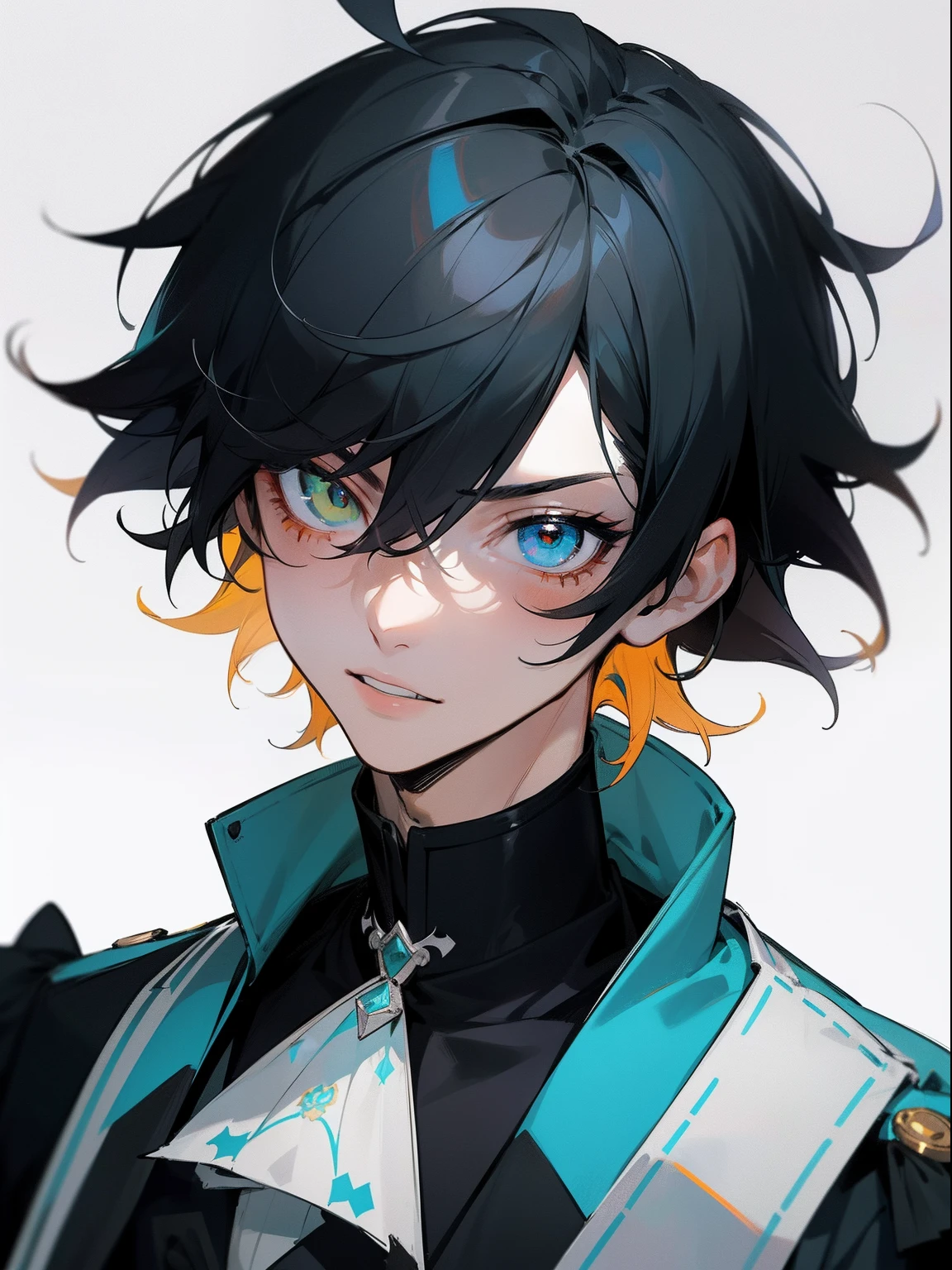 masterpiece, best quality, male character, black hair, messy hair, tousled hair, blue left eye, yellow right eye, heterochromia, fluffy hair, spooky, horror house, portrait, idol, Kagekata Mika, Kagehira mika, bright, stylized character design, high quality character design, detailed character design, great character design, male, highly detailed outfit, alternative, frontage, lateral face, lovely boy, perfect face, detailed eyes, elegant, pretty man, facing camera, pretty, handsome, detailed background, original, rgkg, slim, petite, pointed teeth, portrait, ensemble stars, idol, model, slim, handsome male, bokeh, unique lighting, colourful shading, brightly coloured, bold colours, bold lines, dynamic, strings, injuries on arms, very skinny, menhera, creepy, spooky, horror, bold details, streetwear, modern clothing, jacket, male, short hair, wolf cut hair, young man, glitchy, short front of hair, short mullet, wolfcut hair, bones, bone accessorises