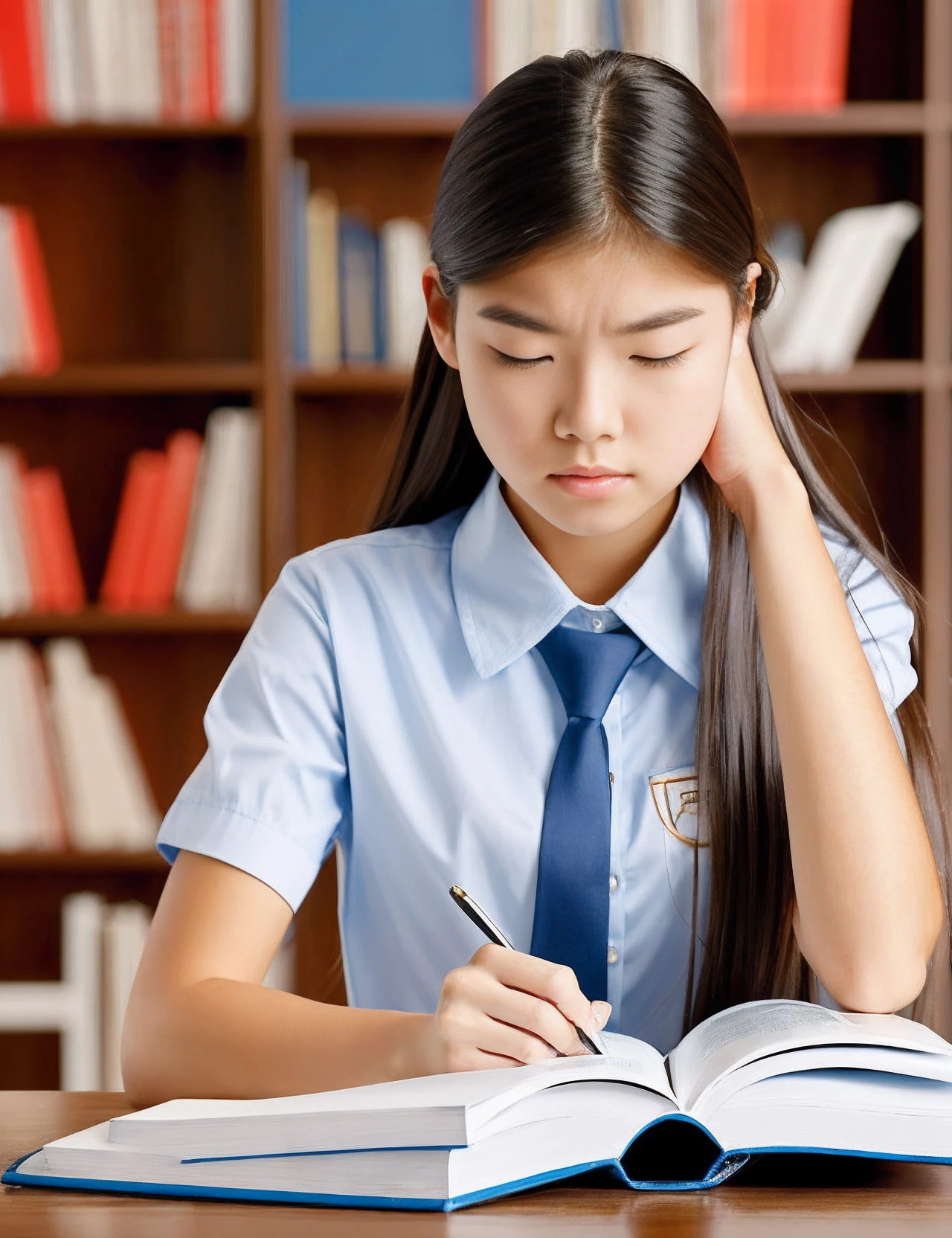 A high school girl wears her school uniform and is irritated with a geography textbook