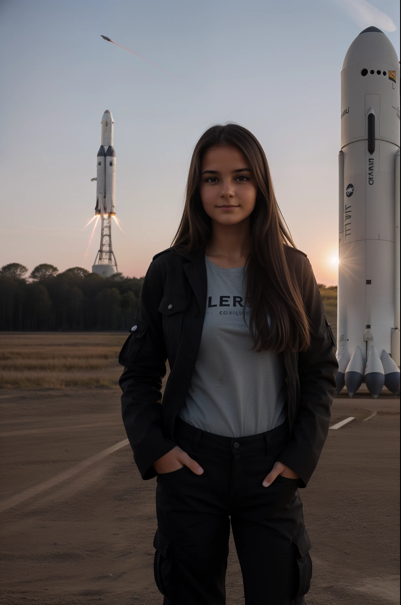 une jeune fille brune de 18 ans, pantalon cargo noir, at a rocket launch site, coucher de soleil