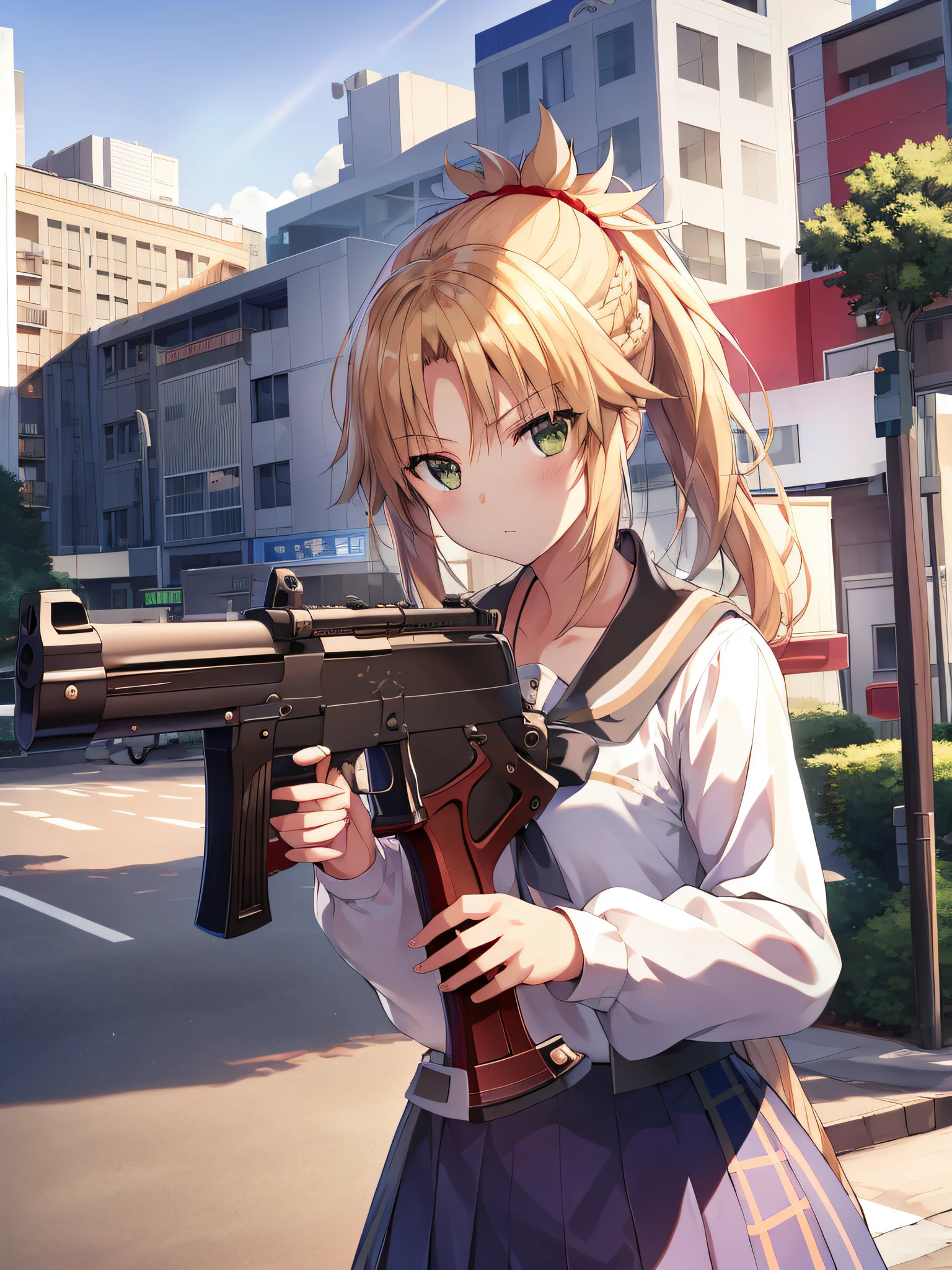 ​masterpiece、top-quality、lensflare、depth of fields、(a closeup:1.3)、(wide Shots、fish-eye lens:0.85)、facefocus、 1girl in、is standing、blue long hair、校服、pleatedskirt、(holding weapons、holding rifle、Aim、aim:1.2)、 guns, H&K HK416, carbine, open fire, opening fire, Sunnyday、blue open sky、cloudy ash sky、城市、a street、street signs、skyscraper
