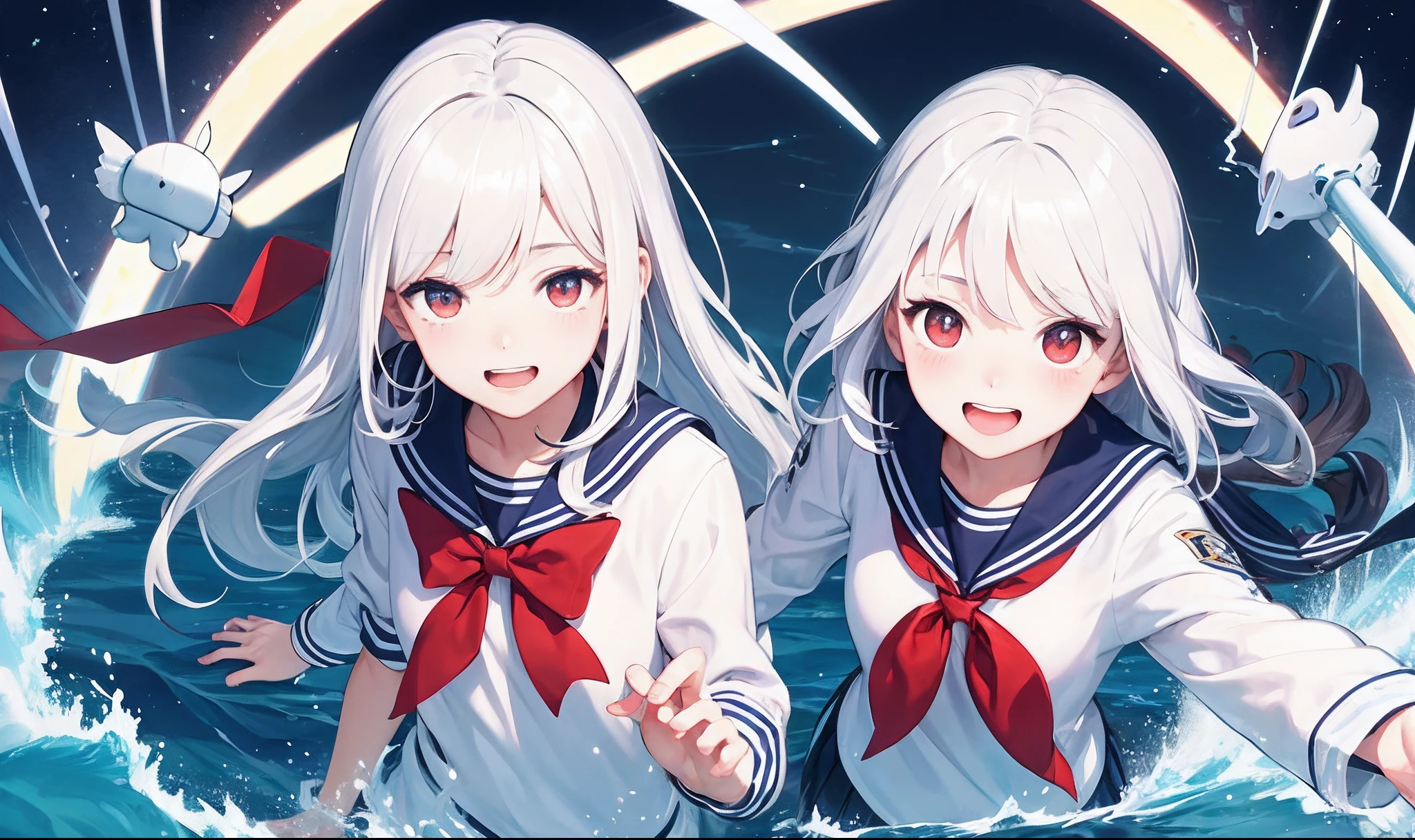 Background with、Lightning at sea、High school girl with fluttering white hair、Red eyes、gentle face、tall、a sailor suit、Cute laughing face!