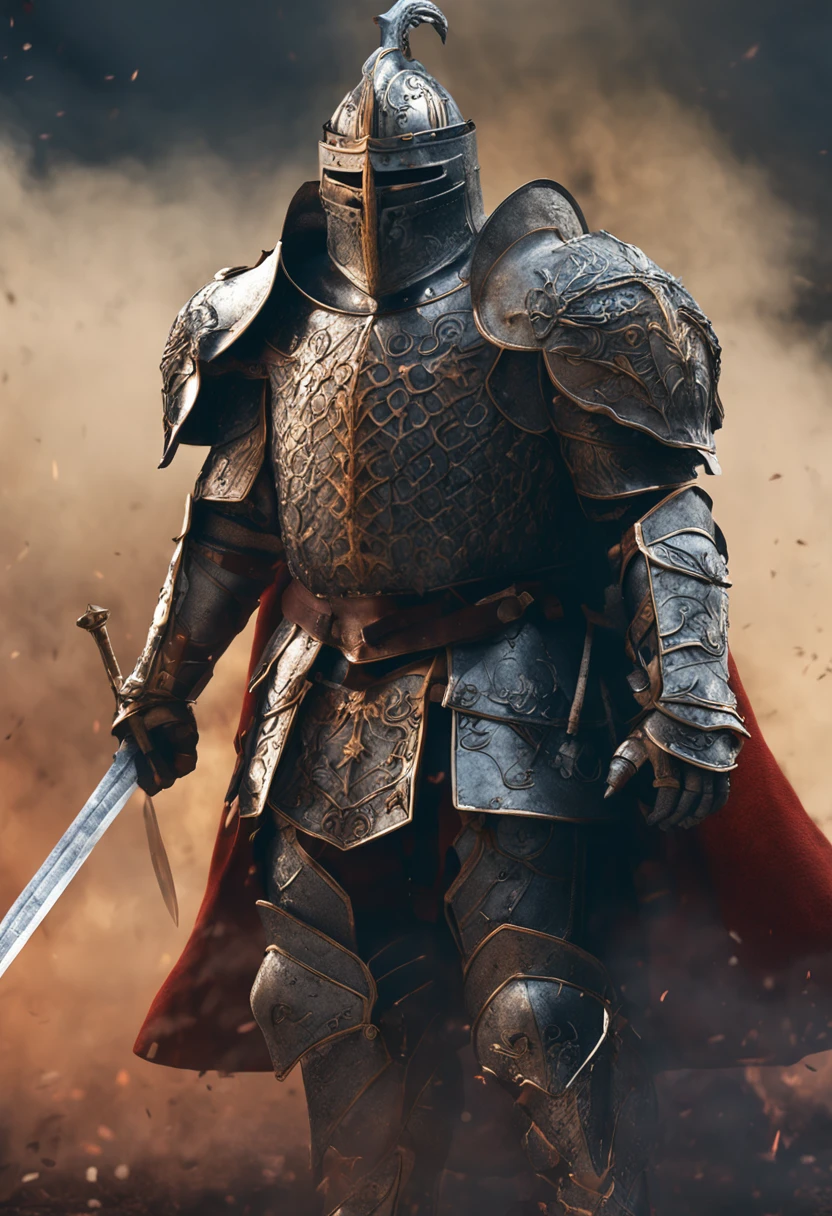 An imposing knight dressed in heavy armor stands on the battlefield, empunhando um enorme machado de batalha. His armor glows with metallic sheen, showing his strength and defensive ability. The intricate details of the armor add to its striking appearance. The background is full of smoke, criando uma atmosfera tensa e intensa de batalha. This high-quality image captures the essence of a heavily armored knight, perfect for projects that require a sense of power and determination.
