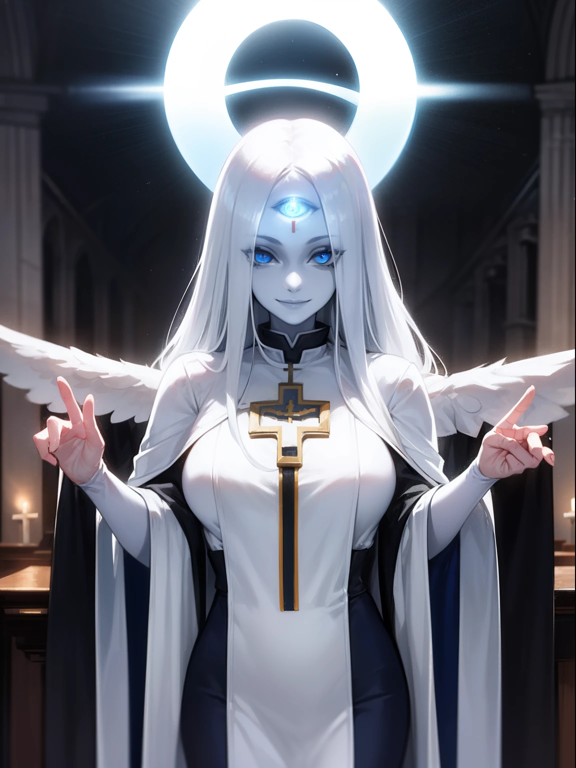 1girl,solo,blue eyes,demonic third eye,white hairs,long hairs, breasts ,pale skin, priest,smile, church,halo