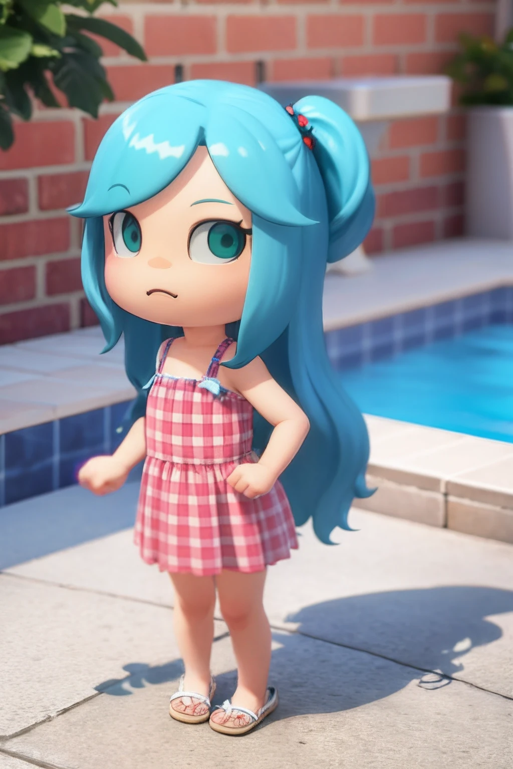 masterpiece, best quality,  (chibi:1.2), blue hair, long hair, swimming party, pool clothe, teal eyes, 3d model