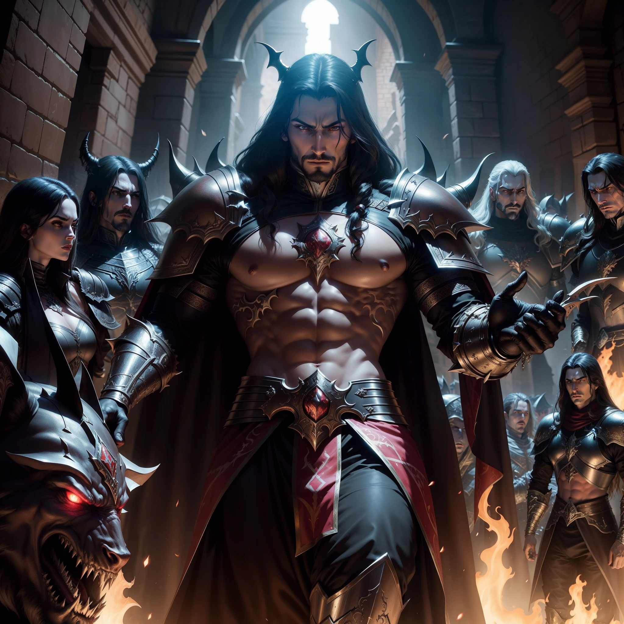 Castlevania Shadow Lord hyper realistic super detailed Lord Dracula Moroccan style leather armor leading troops armed with demons to war hyper realistic super detailed Dynamic shot cinematic scenes movie characters Dynamic