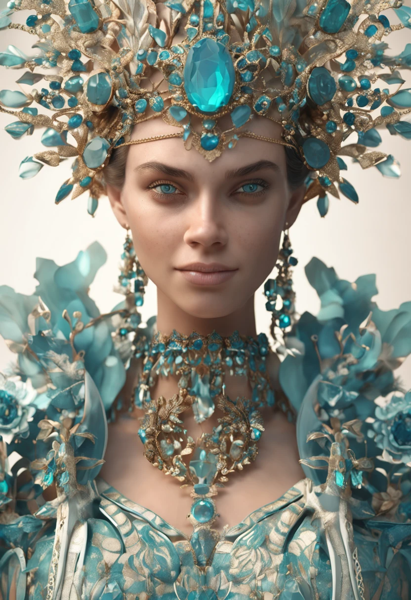 s girl, Ivory headdress, Blue-green gemstones, a 3D render, rendering by octane, intricately details, Filigree decorative tiara, Cinematic