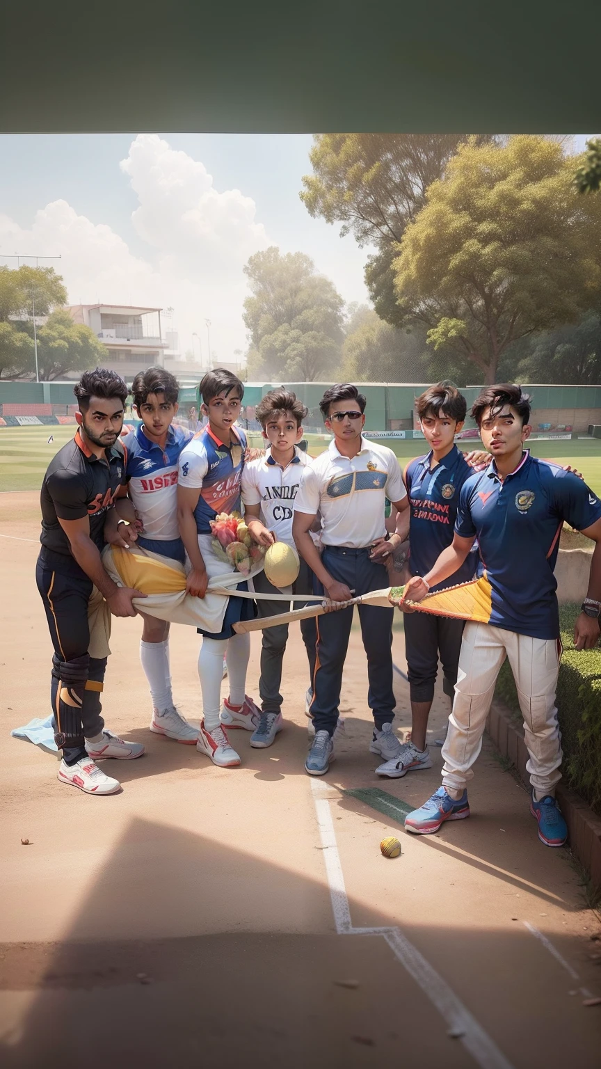 Is image me sab boys cricketers ban jaye sab cricket ka dress pahne ho. sab boys ka pant shirt cricketers wale hom aur background me cricket ground ho aur ye sab boys maths jit gaye ho aur khush ho. Sab cricket ka dress pahne ho. Air ye log india ke taraf se khel rahe ho. Sab indian cricketer ho. Sab