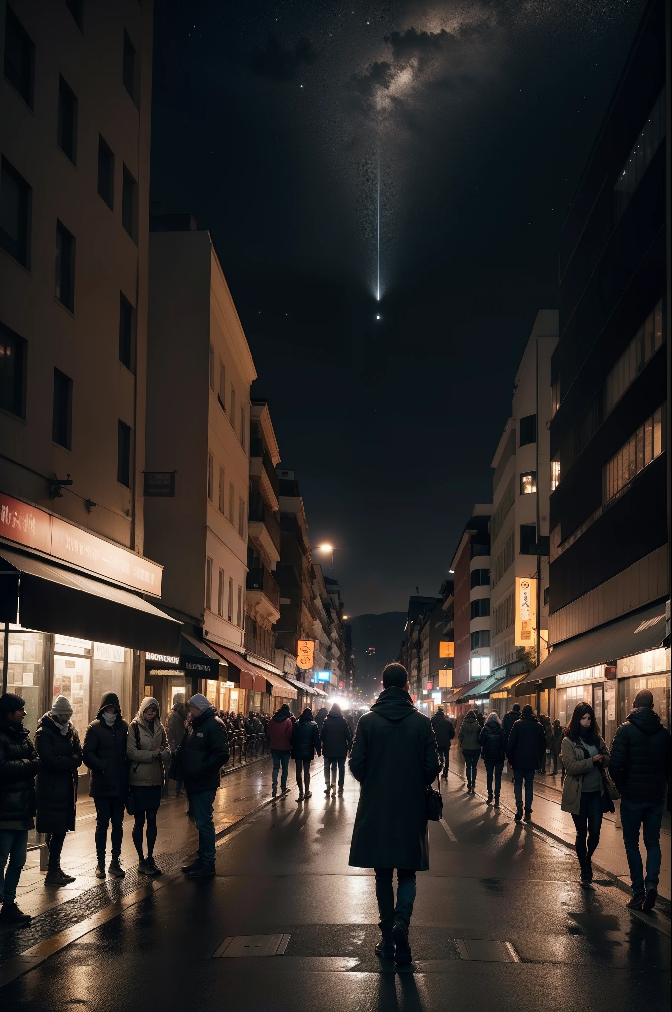 Uma cena noturna se projeta diante dos olhos, com uma ampla rua que se estende ao longe. The darkness of the night envelops the landscape, enquanto a rua, iluminado por dim, spaced lights, revela sua amplitude. there is a sign of human and vehicle movement, creating a sense of tranquility and loneliness. No meio da rua tem uma pessoa parada de costas. The tall buildings and shops that line the street look like dark silhouettes against the night sky. Its windows are illuminated by a soft and welcoming light, casting a comforting glow into the surrounding darkness. The poles scattered along the path create diffuse lighting, Revealing small portions of asphalt pavement. A rua parece agitada com o vai e vem dos carros e pessoas vindo no sentido contraria da pessoa, The silence is palpable, permitindo que a serenidade da noite tome conta. The person in the middle of the street seems this calm and serene as the street churns with the movement around. People coming in the opposite direction are without definition, with blur in the eyes. The image captures the loneliness and calm of the person in the middle of the street, where the wide street becomes a space of contemplation and tranquility. It's an invitation to the main character's loneliness.