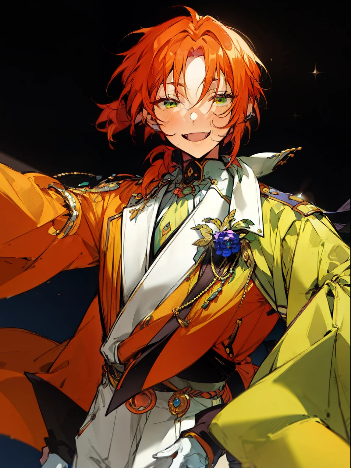 masterpiece, best quality, male character, orange hair, green eyes, fluffy hair, short ponytail, rat tail hair, short hair, composer, music, conductor, musical notes, musical, bright, stylized character design, high quality character design, detailed character design, great character design, male, highly detailed outfit, elegant, leo tsukinaga, joyful, frontage, lateral face, lovely boy, perfect face, detailed eyes, elegant, pretty man, facing camera, elegance, handsome, detailed background, avant- grade , original, rgkg, slim, petite, pointed teeth, lace detailings, white gloves, portrait, ensemble stars, idol, model, slim, handsome male, bokeh, unique lighting, colourful shading, happy, joyful, brightly coloured, bold colours, bold lines, energetic, full of life, orange coat, white pants, green coat detailing, detailed coat, badges, buttons on coat, cravat, ribbons in background, ribbons in foreground, dynamic, dark green cuffs on coat, beautiful orange coat, long coat, flowing coat, posing