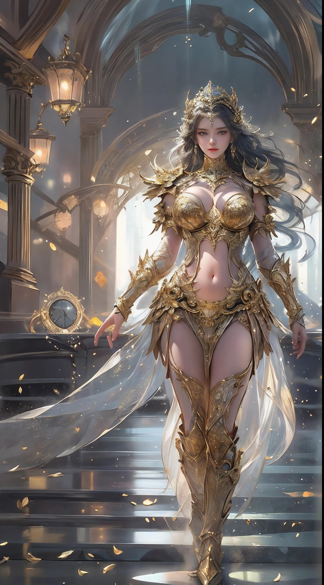 Woman in a golden transparent dress,view the viewer,(((Huge breasts, Large cleavage))),Slim waist,(navel baring,Bare waist), Long hair, Ultra-detailed details,High-end Zhenyi station, Rainstorm site, detailed fantasy art, Stunning character art, Beautiful and exquisite character art, Beautiful gold and silver armor, Extremely detailed, Girl in shiny armor, Exquisite tiaras and jewelry,Crystal jewelry filigree, milky ways, Stunning visuals, (dynamic streaks, light tracks:1.2), Vibrant colors,
