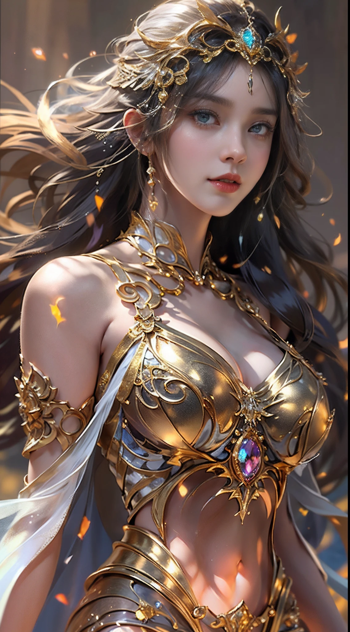 Woman in a golden transparent dress,view the viewer,(((Huge breasts, Large cleavage))),Slim waist,(navel baring,Bare waist), Long hair, Ultra-detailed details,High-end Zhenyi station, Rainstorm site, detailed fantasy art, Stunning character art, Beautiful and exquisite character art, Beautiful gold and silver armor, Extremely detailed, Girl in shiny armor, Exquisite tiaras and jewelry,Crystal jewelry filigree, milky ways, Stunning visuals, (dynamic streaks, light tracks:1.2), Vibrant colors,