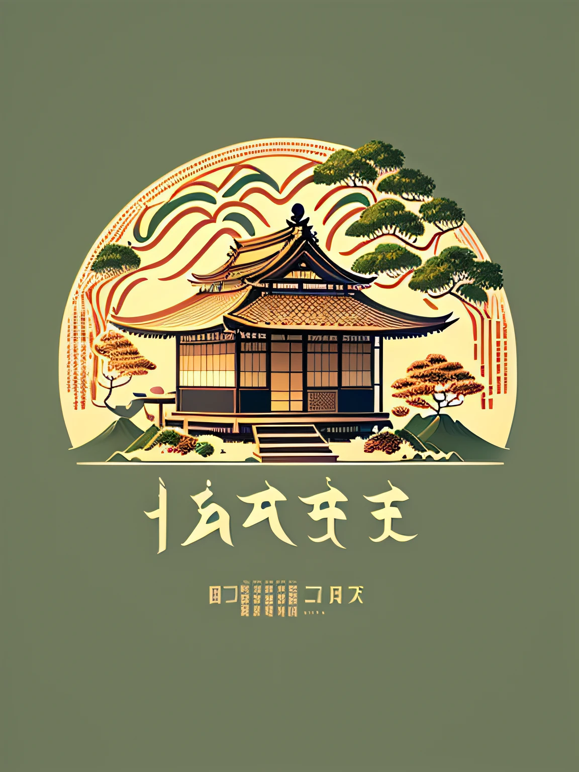 Produce a brand identity logo for a traditional Japanese tea house, incorporating the kanji for 'tea' (teas) and serene nature motifs