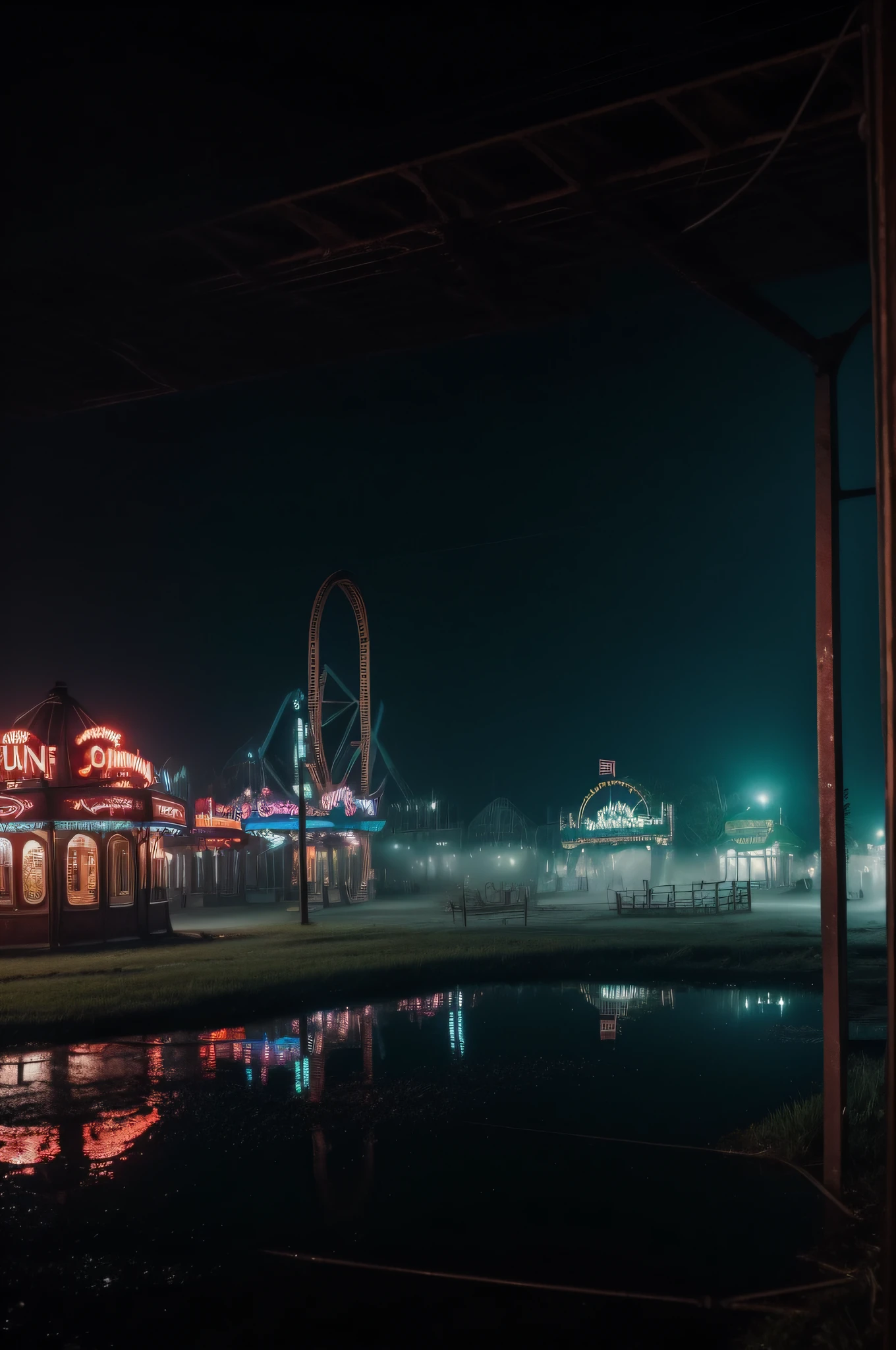 ((deep in the night、mid night、early dawn))、((Ruins、abandoned amusement park、corrosion))、Standing Woman、Woman nodding、Foggy、Sateen、reflection、Nostalgic but unsettling photos、Images in a dream、horor、Pretty dark image、Grainy photo、Film Touch、color photograph、, Wide Shot, ultra wide-angle,