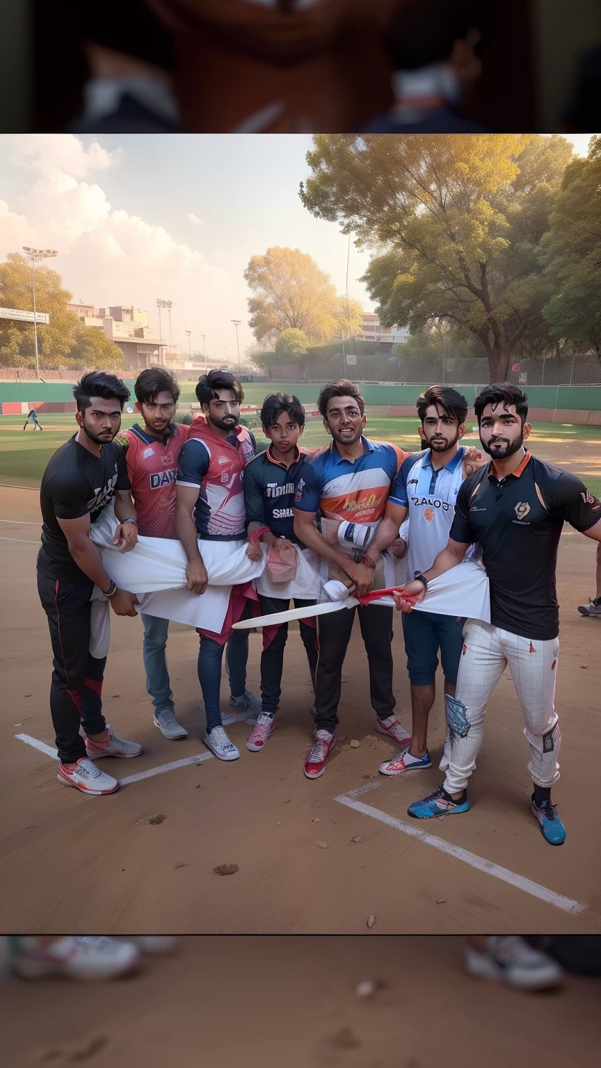 Is image me sab boys cricketers ban jaye sab cricket ka dress pahne ho. sab boys ka pant shirt cricketers wale hom aur background me cricket ground ho aur ye sab boys maths jit gaye ho aur khush ho. Sab cricket ka dress pahne ho. Air ye log india ke taraf se khel rahe ho. Sab indian cricketer ho. aur  sabka face bas thik aaye aapke is site me face thik nahi aata ai image generate karte time. Isiliye face bas thik aaye sab boys ka. Aur ye log troffi pakde ho