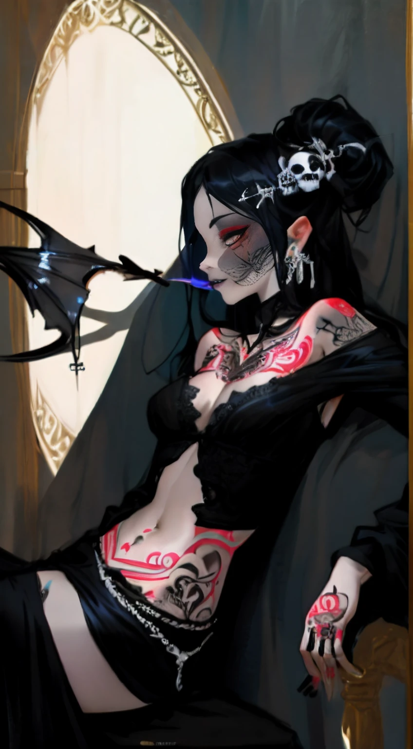Gothic, albinism, Lori huge breasts cleavage, Vampires, darkly, Sick, full bodyesbian, Messy hair, ((Small breasts) Petite, Exposed breasts, exhibitionists:1.2)), Encaustic painting, covering eyes, Barefoot, Feet up, Moles under the mouth, black hair band, skull hair ornament, Earrings, Makeup, crazy, gloom (expression), Gothic art, stereograms, shadowing, symetry, Cowboy shot, Masterpiece, Best quality, Anatomically correct, Partial , (((swirl _ Tattoos, full bodyesbian _ Tattoos, Shiny _ tattoo))1.4),(Thick pubic hair)