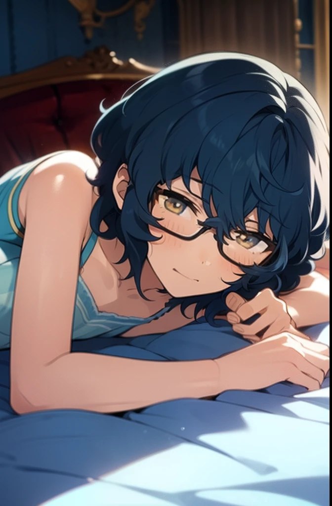 young girl, young girl with  short hair, light blue hair stroke, glasses, golden eyes, young girl on bed, wearing a black pajama, frown, blush, lying on bed, holding chest, solo girl, dark blue hair, wavy short hair, tousled hair, solo girl, girl focus, 1girl, flat girl,