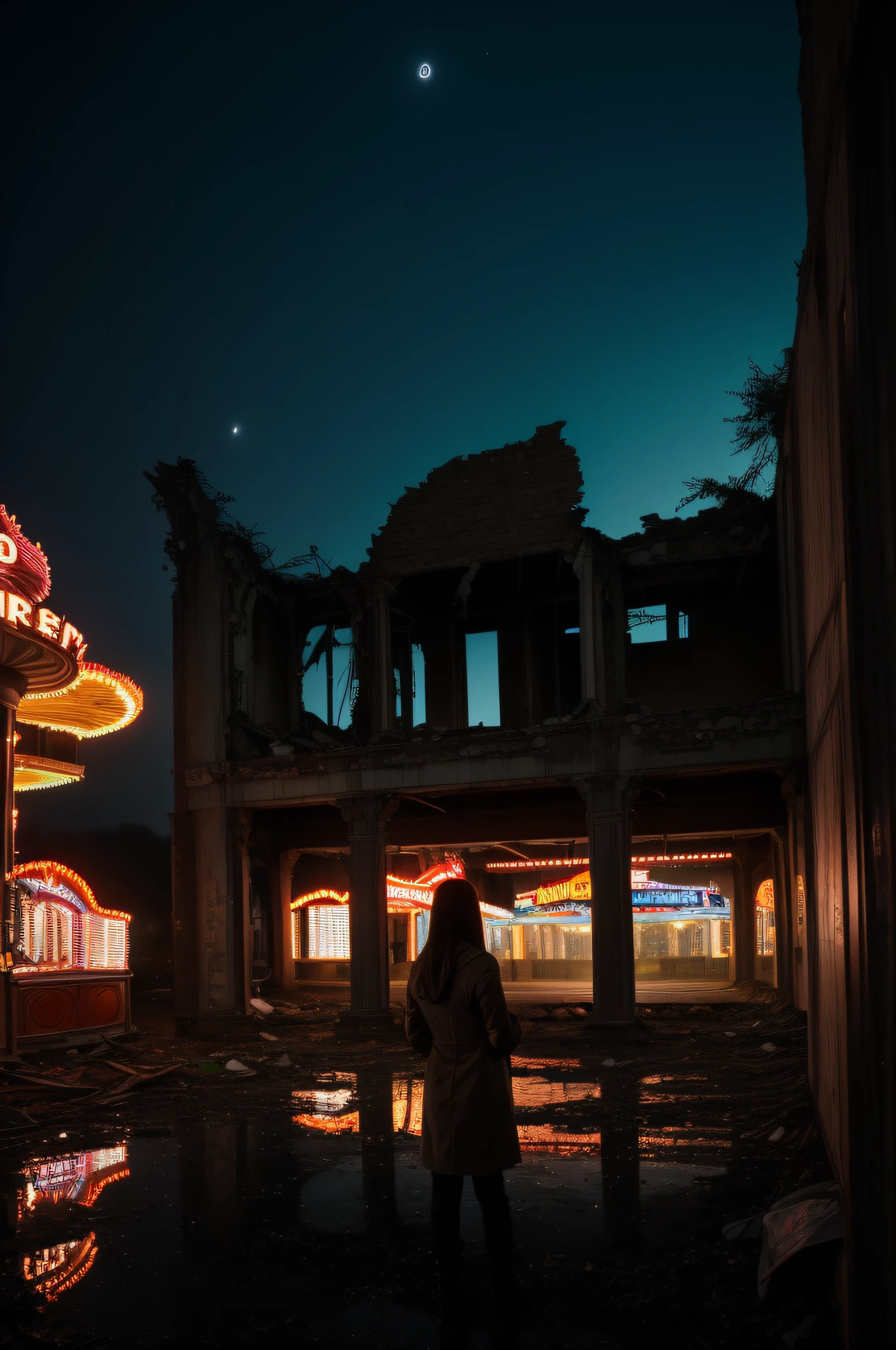 ((deep in the night、mid night、early dawn))、((Ruins、abandoned amusement park、corrosion))、((Standing Woman、Depressed Woman))、Foggy、Sateen、reflection、Nostalgic but unsettling photos、Images in a dream、horor、Pretty dark image、Grainy photo、Film Touch、color photograph、, Wide Shot, ultra wide-angle,