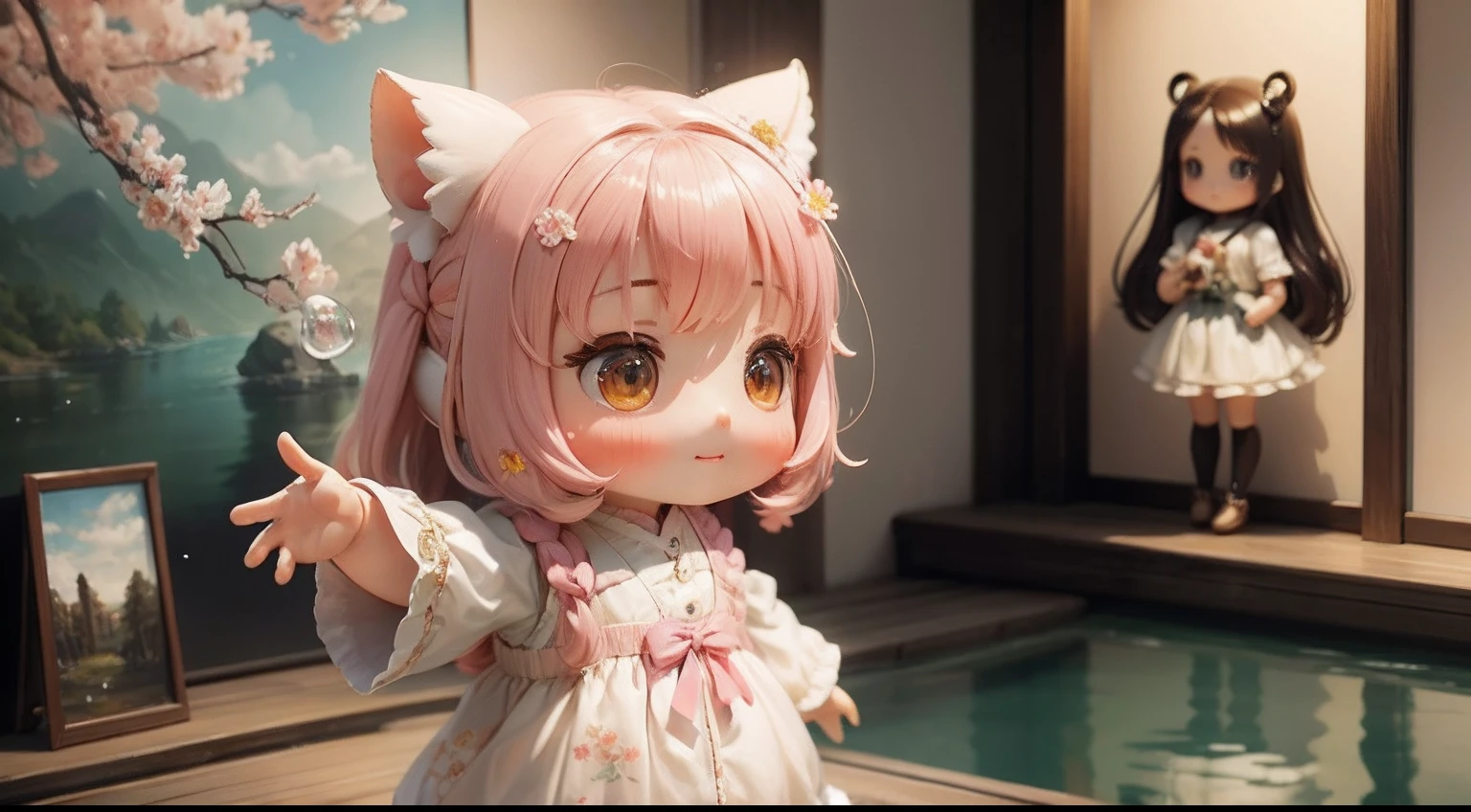 photoRealstic、Doll standing in front of the painting、laugh face、Water droplets on the cheeks、Selfie Pose、spreading arms widely、Sengai、pixiv、rokoko、dollfie dream、watercolor Nendoroid、(High Definition Figure)、flowing sakura-colored silk、nendroid、bustup、Camellia petals、season!!: 冬☀ 🍂 椿