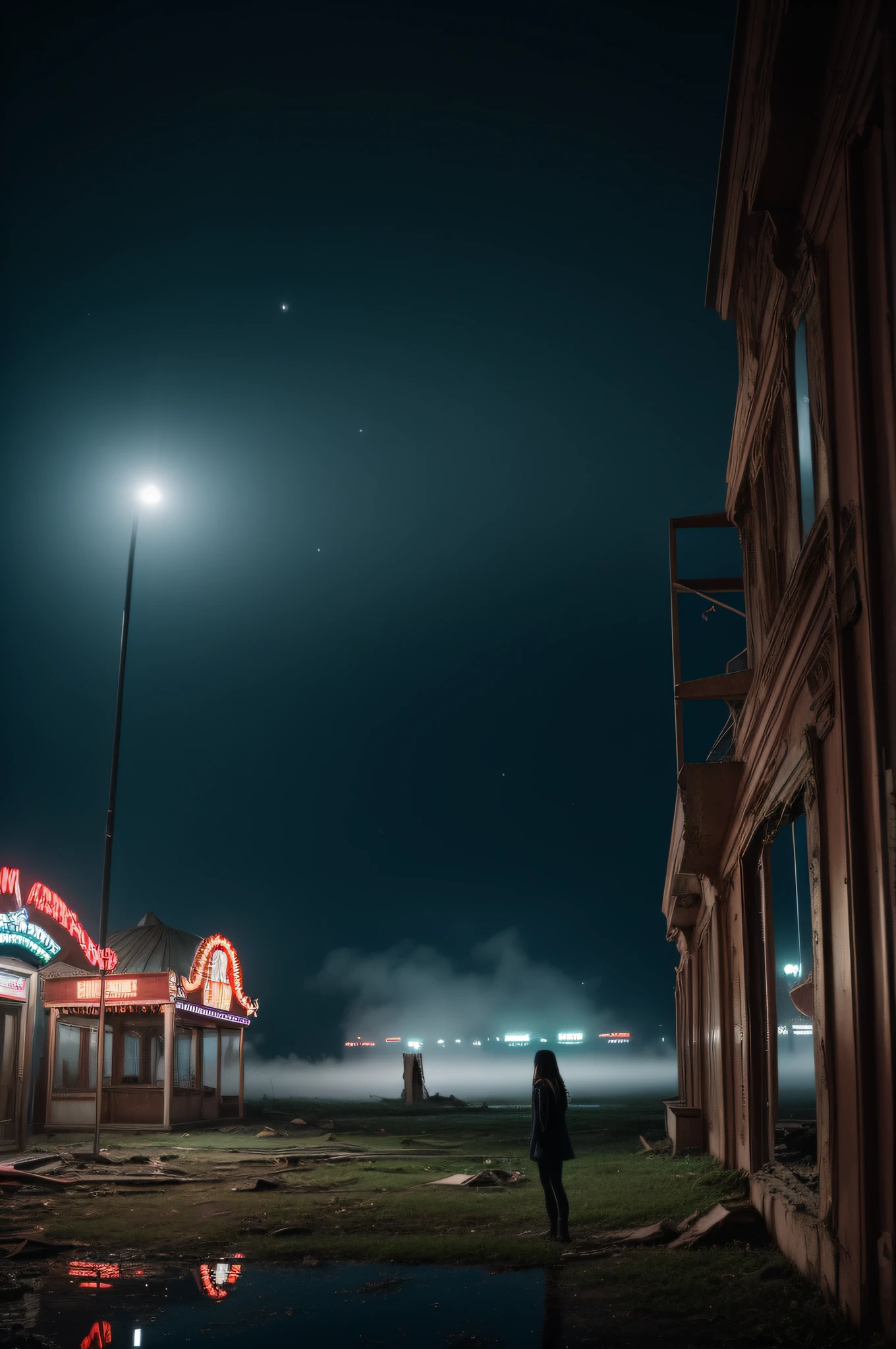 ((deep in the night、mid night、early dawn))、((Ruins、abandoned amusement park、corrosion))、((Standing Woman、Depressed Woman))、Foggy、Sateen、reflection、Nostalgic but unsettling photos、Images in a dream、horor、Pretty dark image、Grainy photo、Film Touch、color photograph、, Wide Shot, ultra wide-angle,