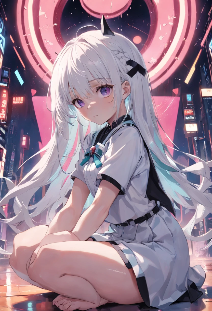 quadratic element，white color hair，teens girl，Eyes blank，Black eyes，Department of Landmines，Sit curled up，Frontal whole body，depressive