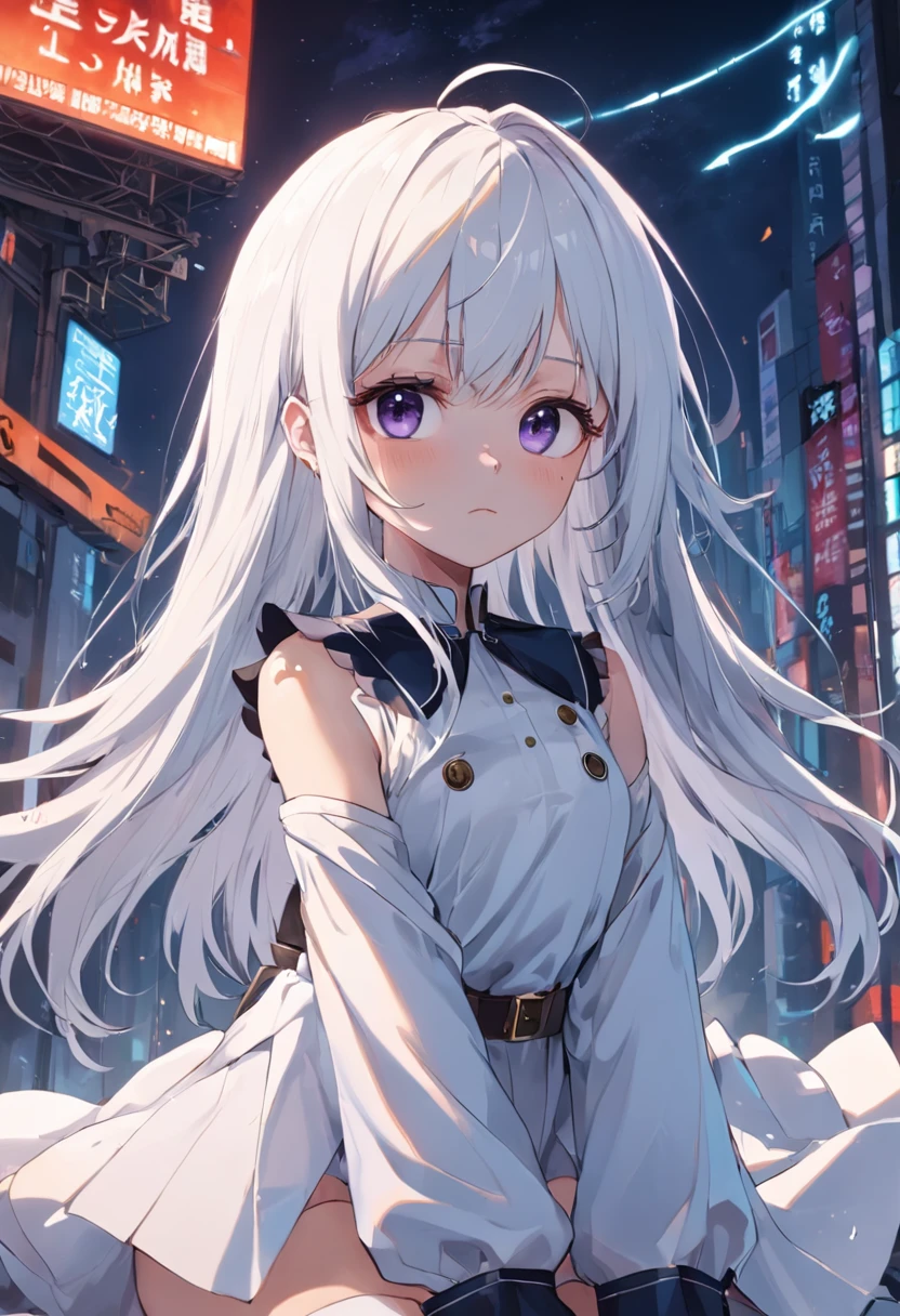 quadratic element，white color hair，s girl，Eyes blank，Black eyes，Department of Landmines，Sit curled up，Frontal whole body，depressive