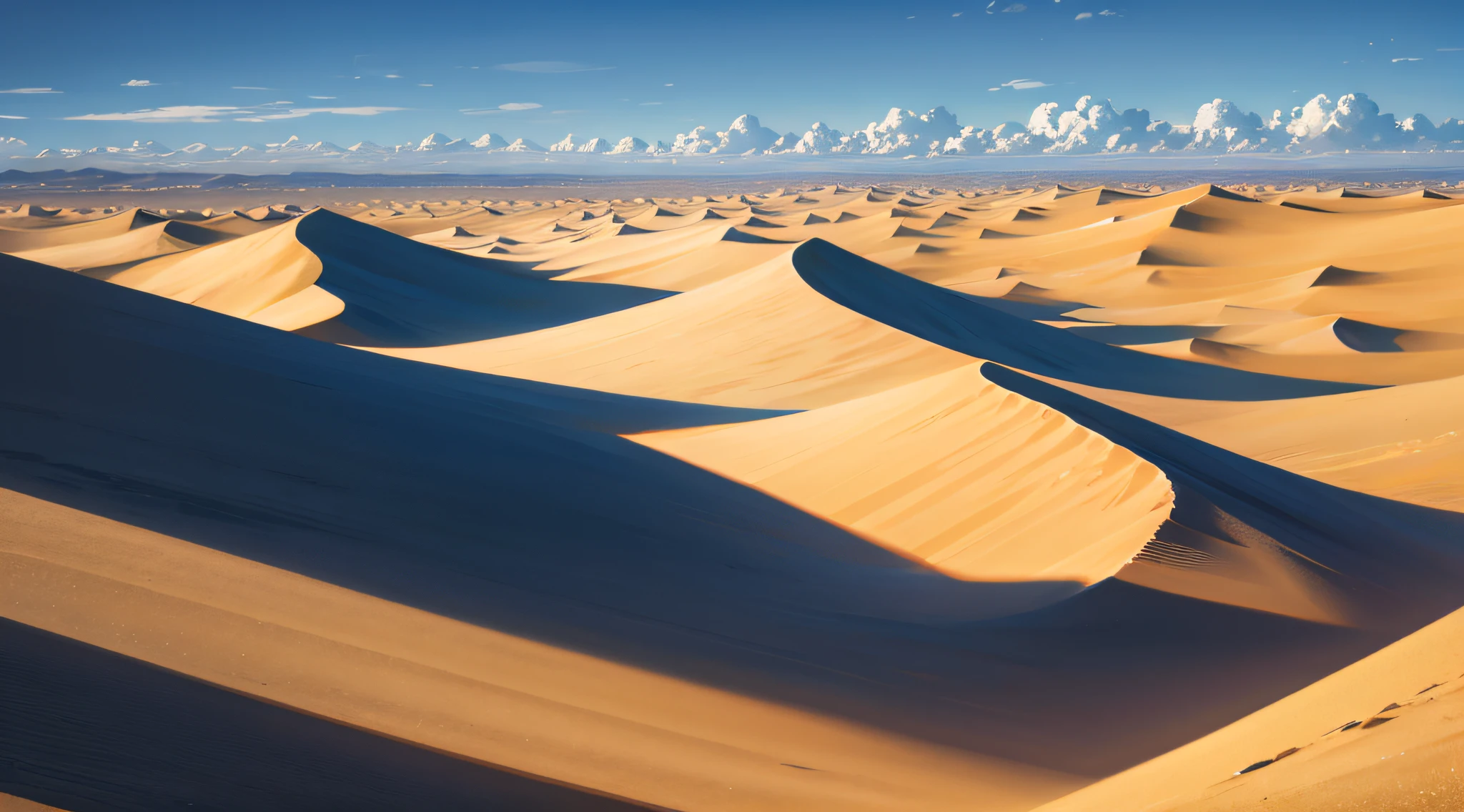 No Man, scenecy, vanishing point, tmasterpiece, best qualtiy, 8K,desolated, Golden desert, Desert, mid day, rays of sunshine, blue-sky, ssee-through, A high resolution, finedetail, ultra - detailed,