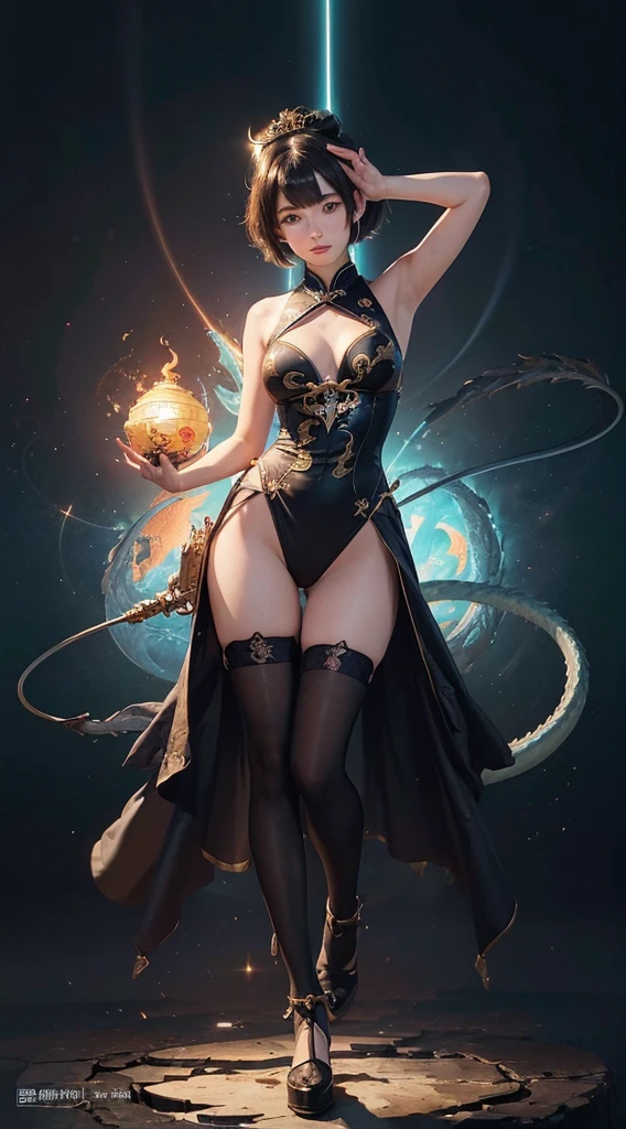 (Full body posing:1.5), (colorful:1.2), Dynamic angle, (extremely detailed CG unity 16k wallpaper:1.1), (Denoising strength: 1.45), (tmasterpiece:1.37), ultra-high quality, ( ultra detailed original illustration), double exposure, fussion of fluid abstract art, ( original illustration composition), ( fusion of limited color, maximalism artstyle, geometric artstyle, junk art), Ambilight, ((1girl:1.4)), eastern dragon, floating full body hair, short hair, chinese style, black stocking, kongfu, dragon behind, fantacy, floating rock, god rays, sparkle, masterpiece