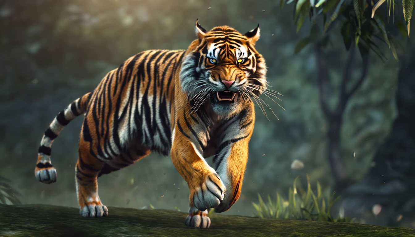 realistic angry tiger jump in jungle hdrp side view