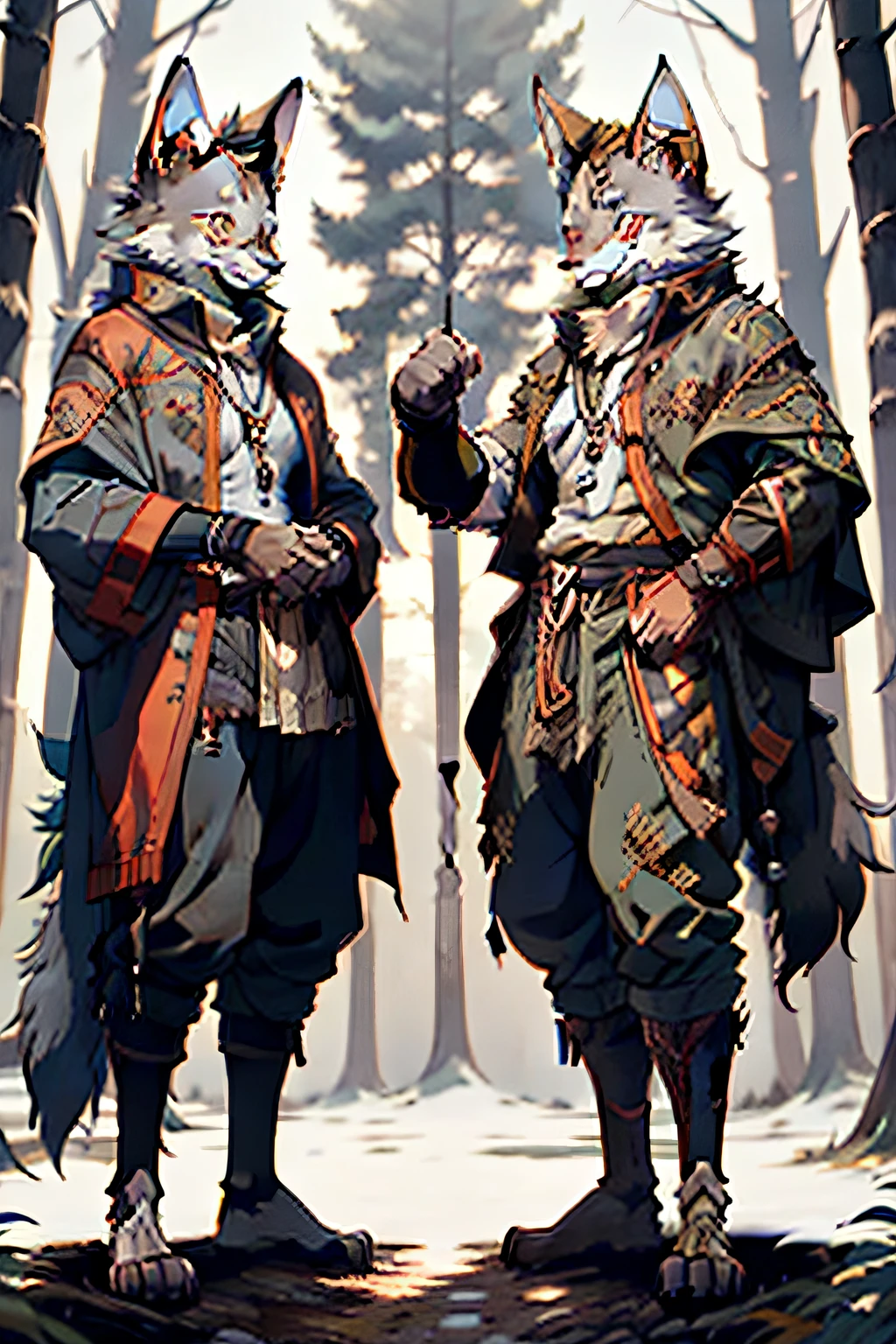 Wolf Clan，large tall，musculature，Upper body nudity，wearing pants，Gray fur，musculature，suns，ln the forest，Stream，standing on your feet