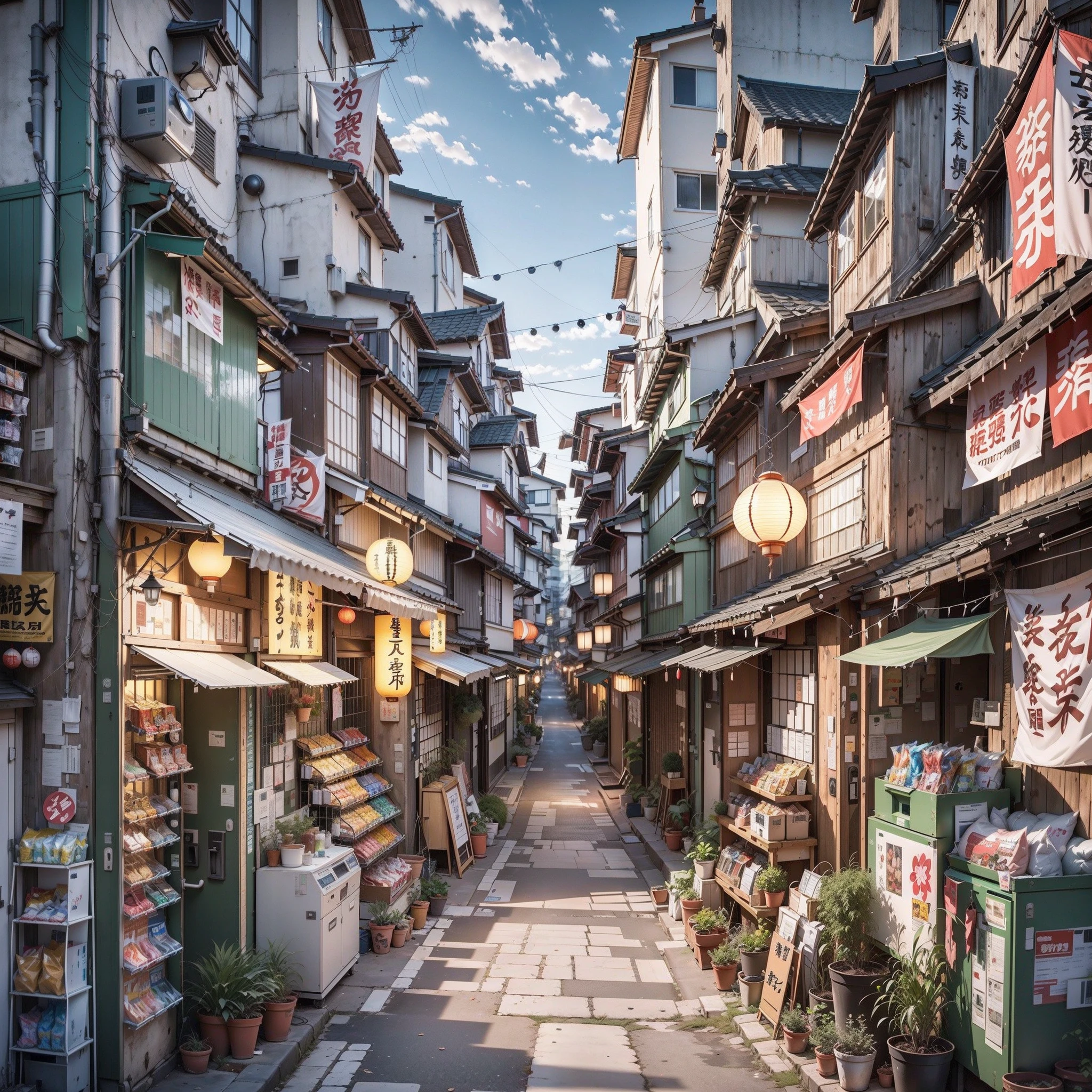 narrow modern Japanese street. compact, modern apartment buildings cramped together. vending machines, trash cans, plant pots, drains, air vents, gutters, pipes, wires, big Japanese shop signs, retro Japanese shop banners. lanterns. plant pots. rocks. sunrise. empty street, (no one: 1). anime, anime style