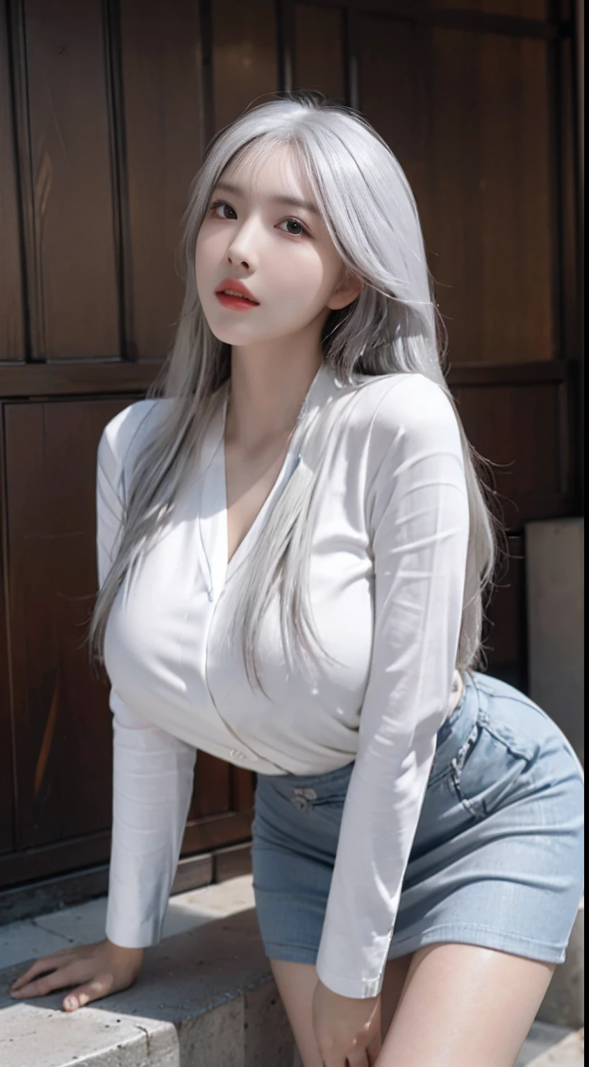 1girl,huge breast,gray hair,white t-shirt, ultra detailed, masterpiece, realistic