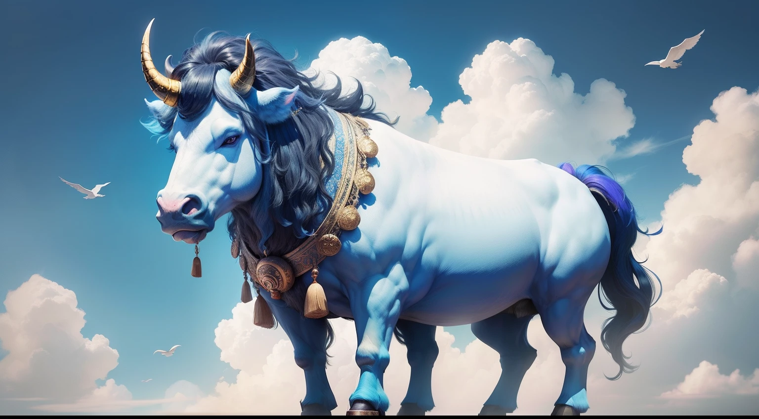 Buffalo without horns,2 On top of the head are the horns of a unicorn,face of an ox,The body is bluish blue,There is a bell around his neck,An immortal sits on its back,on the sky,Clouds all around,Chinese mythological style