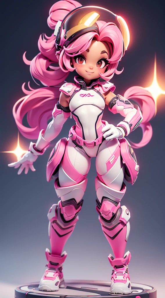(Full body posing:1.5), (colorful:1.2), Dynamic angle, (extremely detailed CG unity 16k wallpaper:1.1), (Denoising strength: 1.45), (tmasterpiece:1.37), MG_ip, 1girl, solo, gloves, pink gloves, pink hair, gradient background, gradient, helmet, closed mouth, simple background, black eyes, full body, flat chest, standing, boots, covered navel, blush, looking down, leotard, elbow gloves, white background, Transparent helmet, Pixar, god rays, sparkle