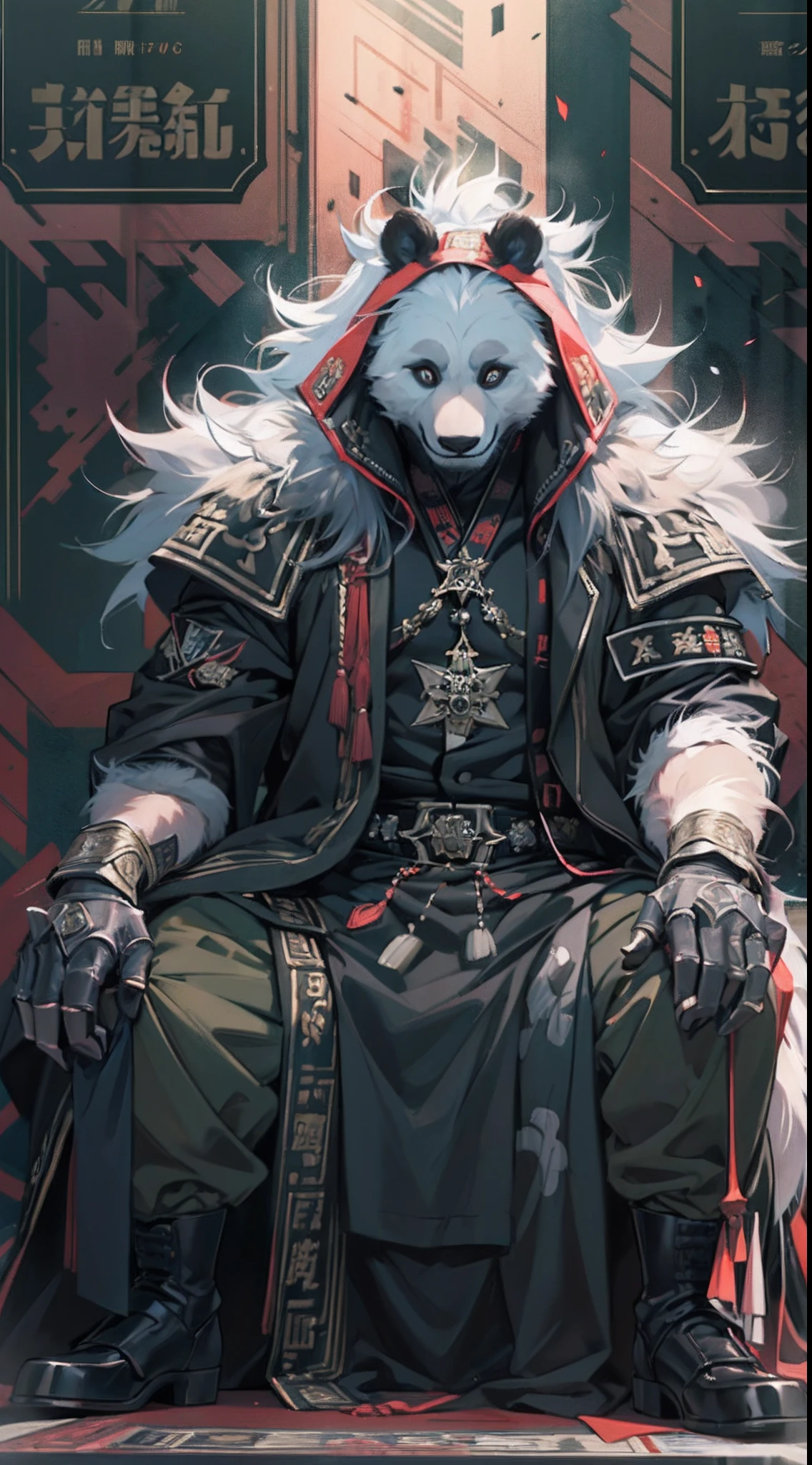 (1male people)、(The appearance of the panda)、(Musculoskeletal augmentation々)、(Face full of murderous look:1.2)、(Top image quality)、(8K picture quality)、(masutepiece)、(Full body photo:1.3)、cinematric light, Cinema Shadow, Sharp Image, Extremely detailed,、beautiful effects, Muted colors, Highly detailed image textures, detailed hairs, Detailed face、(Aura overflowing from clothes:1.3)、(Is sitting on the throne)、(military outfits)