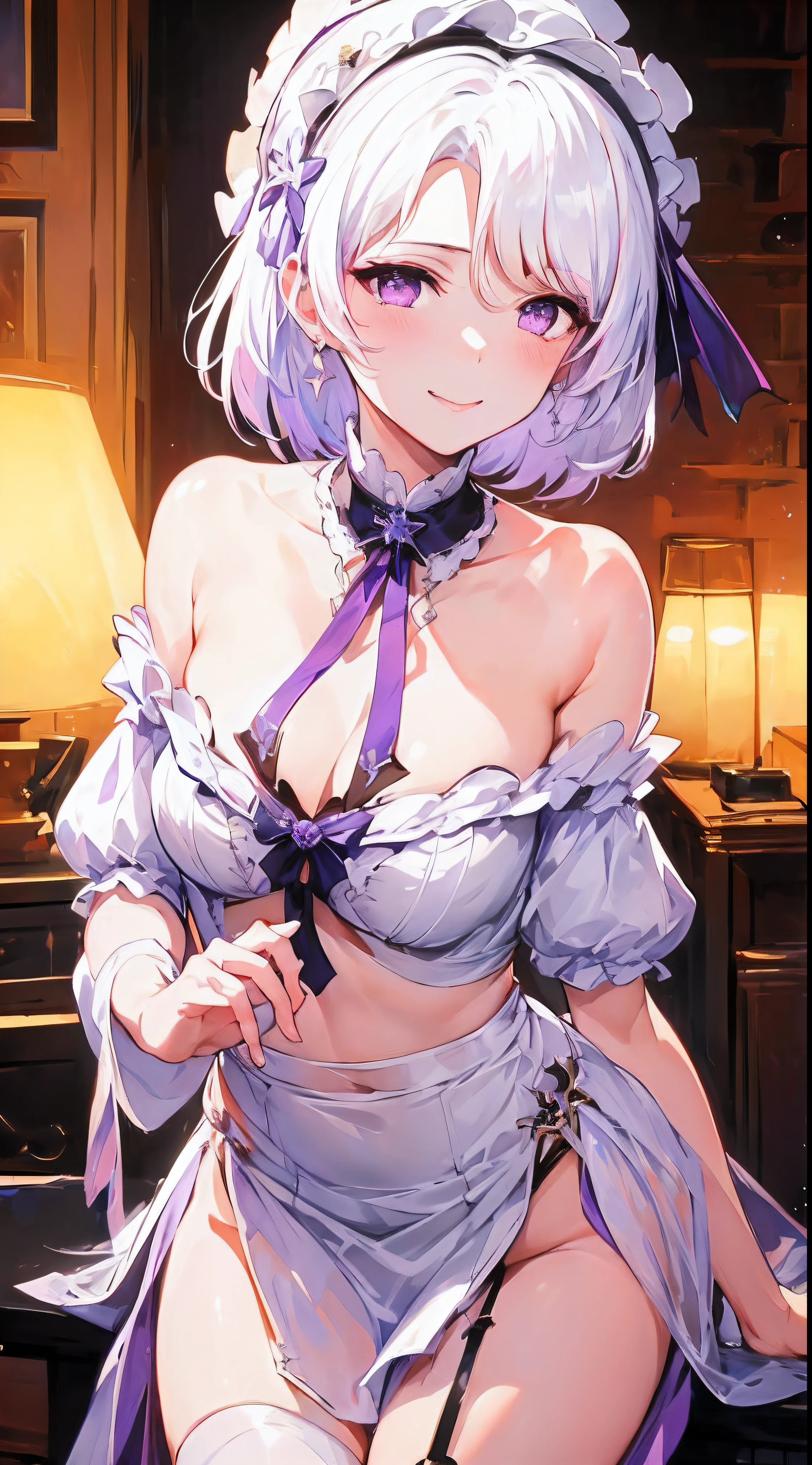 (Best quality), (black lace headveil),(((the Greatest masterpiece,))) (ultra detailed illustration),(dynamic angles,)(iceland with aurora,lively breeze),(dynamic lighting),(blooming), (reality: 0.7), solo,1 girl,watery eyes,reflected eyes,eyes shadow,light purple eyes,((one purple bow tie,)) (white off-the-shoulder shirt: 0.6),pointy_ears,((4k)),from the azur lane videogame,purple eyes, white dress, white haired deity,floating hair,((elegant and conservative cloth)),seductive smile