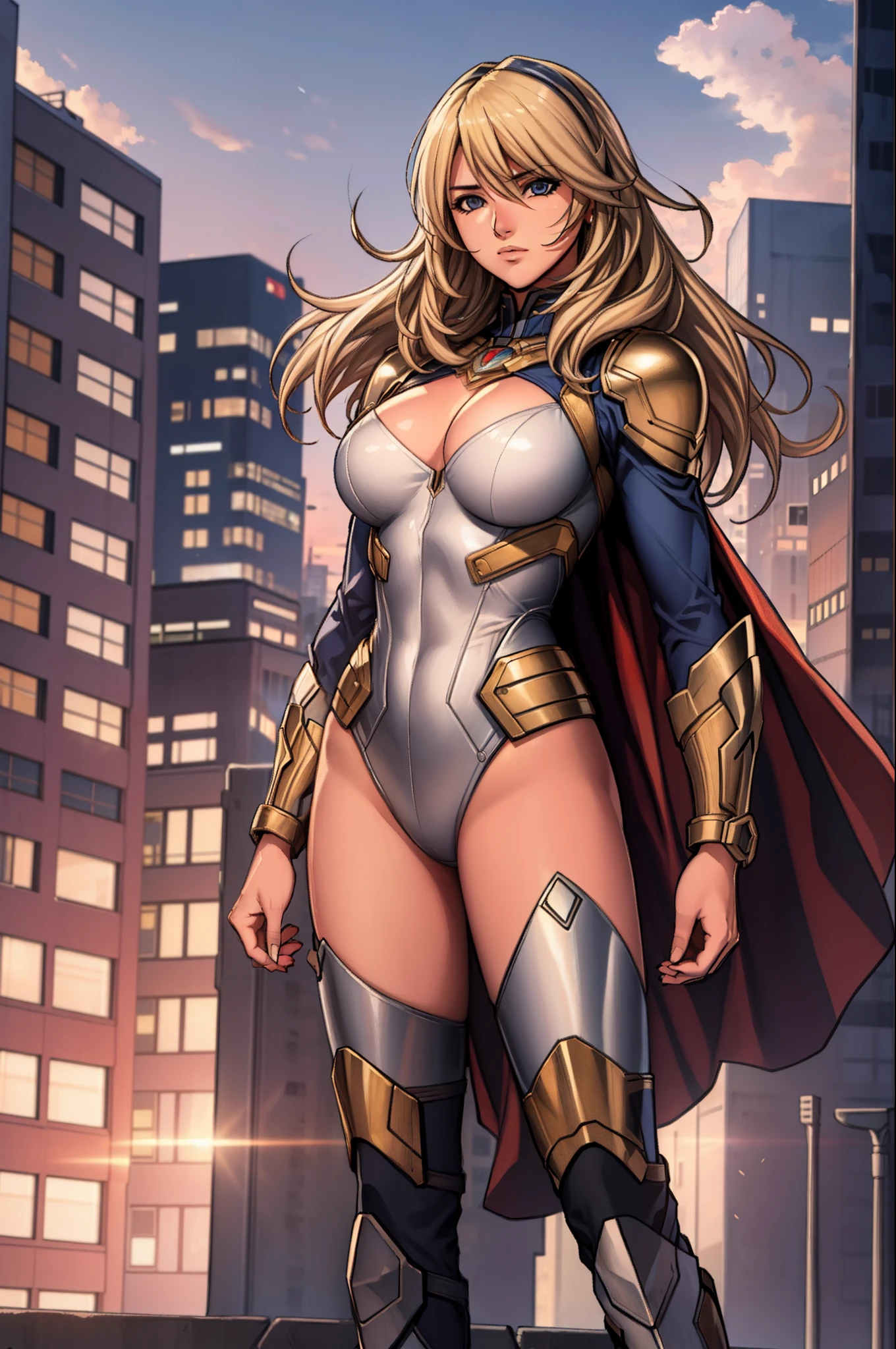 masterpiece, best quality, agrias, leotard, standing, looking at viewer, blonde hair, superhero, boots, city backdrop
