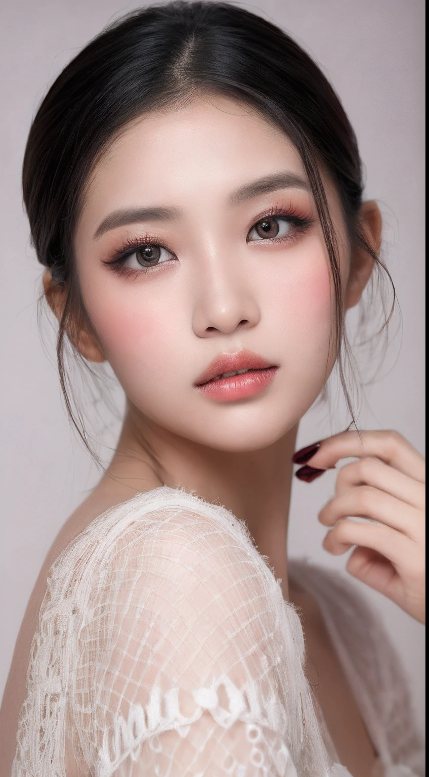 one Indonesian model , hair model, Unique hair details, traditional fashion, Near future , double eyelid, plump lips, natural makeup